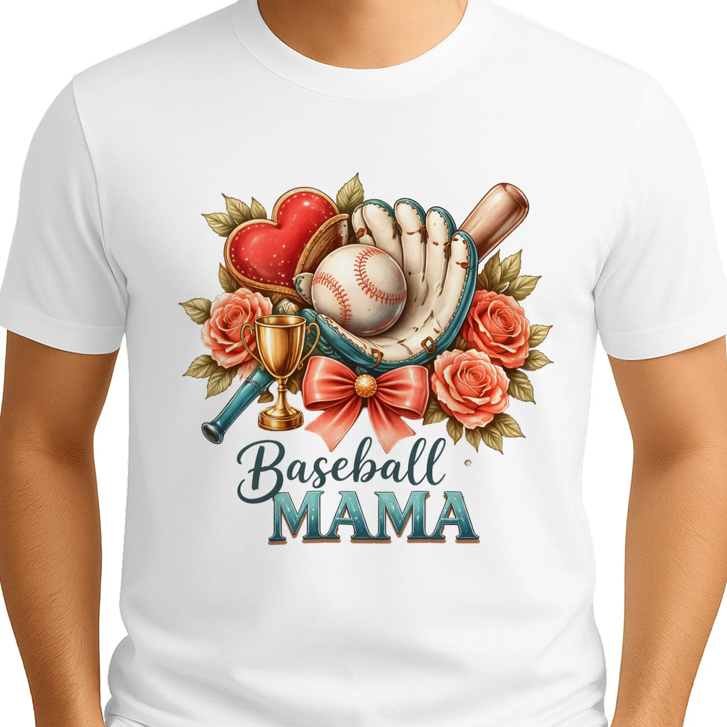 Baseball Mama Coquette Floral Heart Trophy T-Shirt