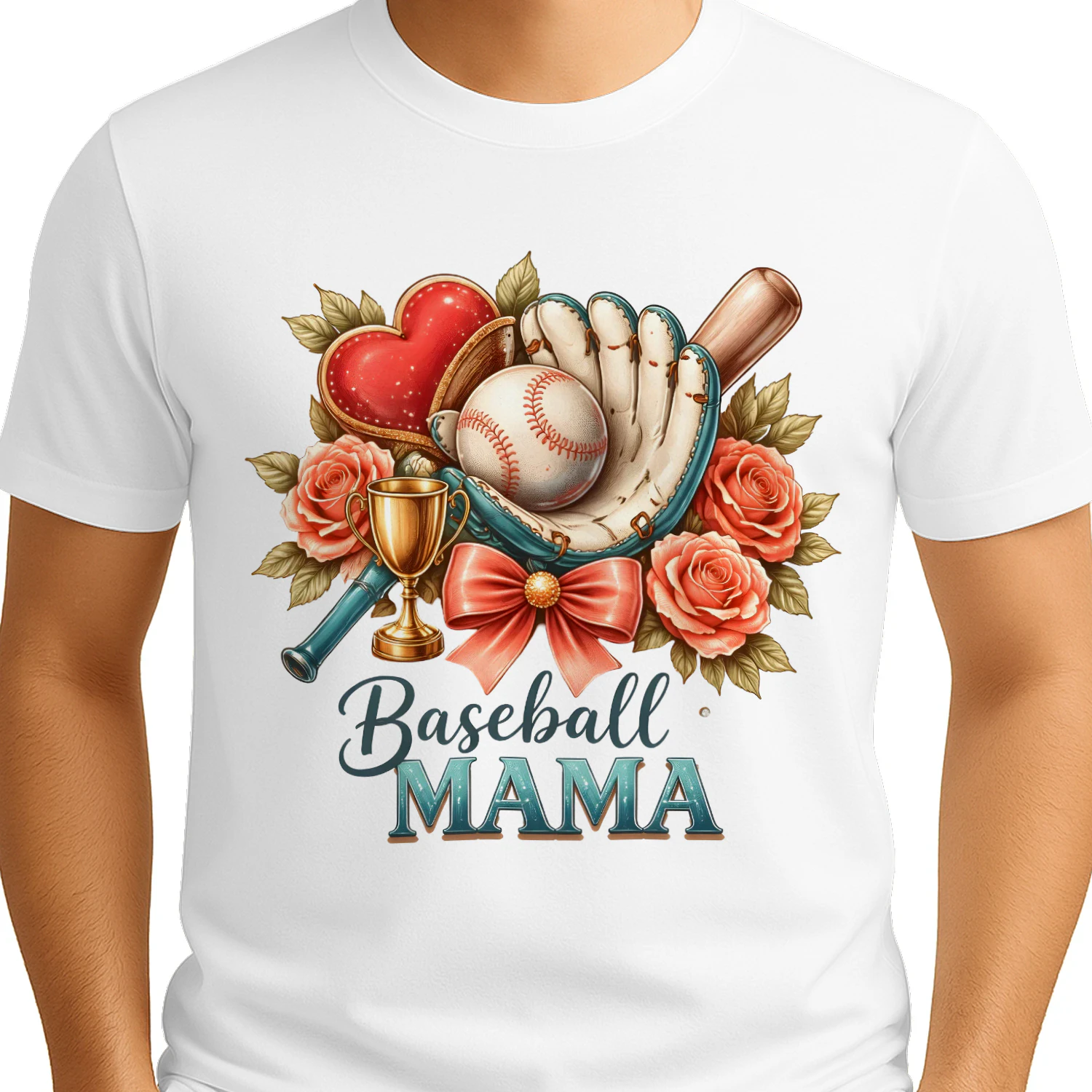Baseball Mama Coquette Floral Heart Trophy T-Shirt
