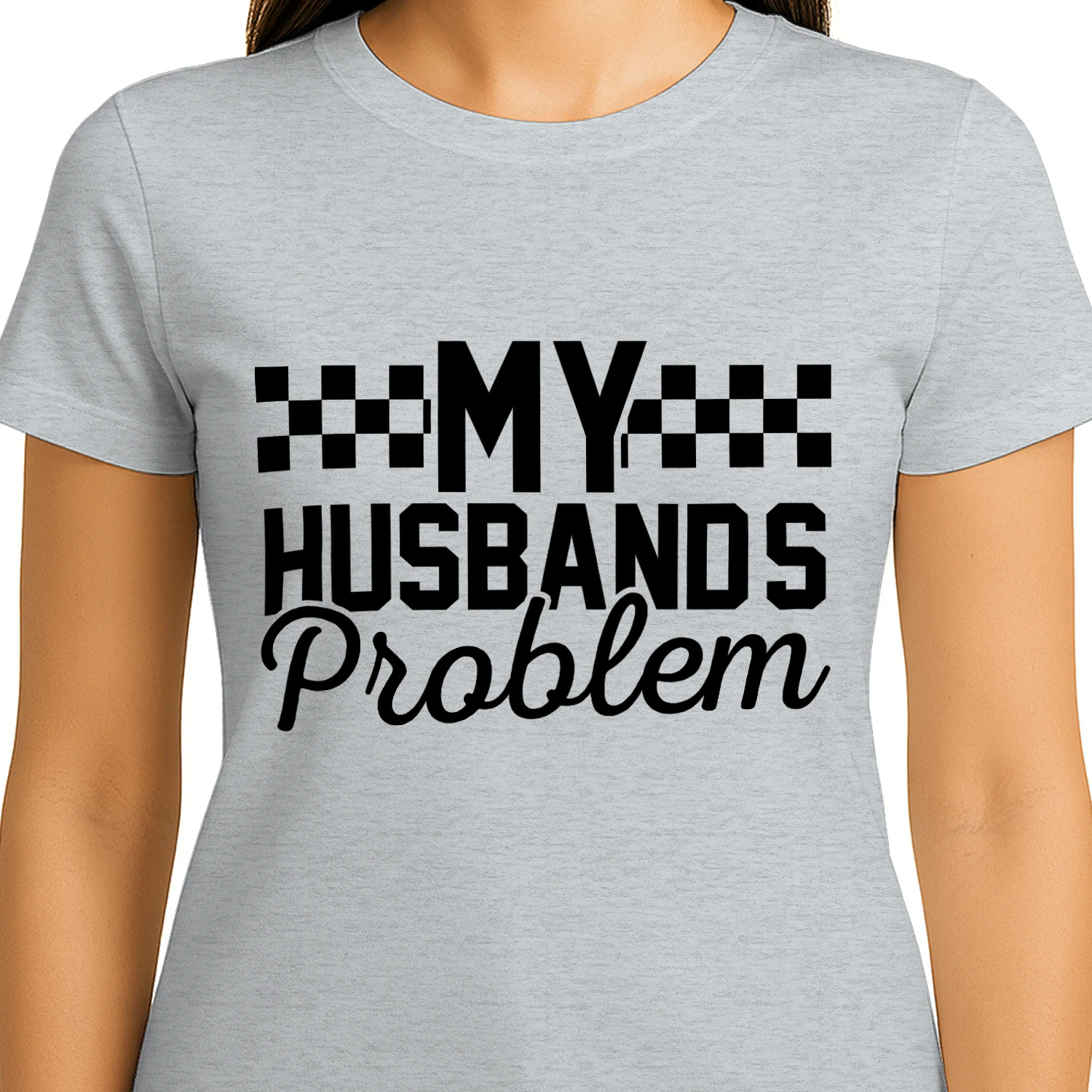 My Husband's Problem Racing Flag White Typography T-Shirt