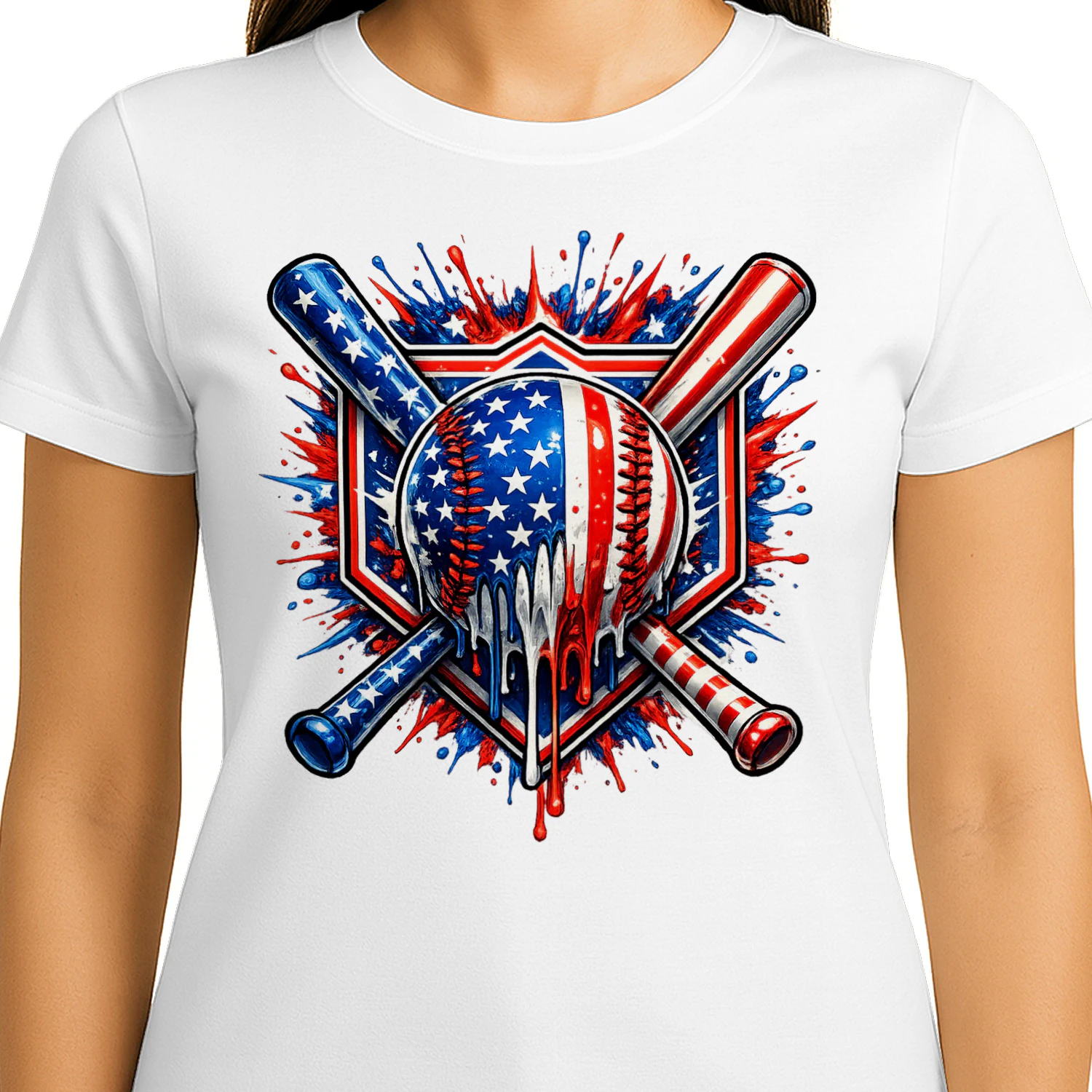 Patriotic USA Flag Baseball Drip Paint Splatter T-Shirt