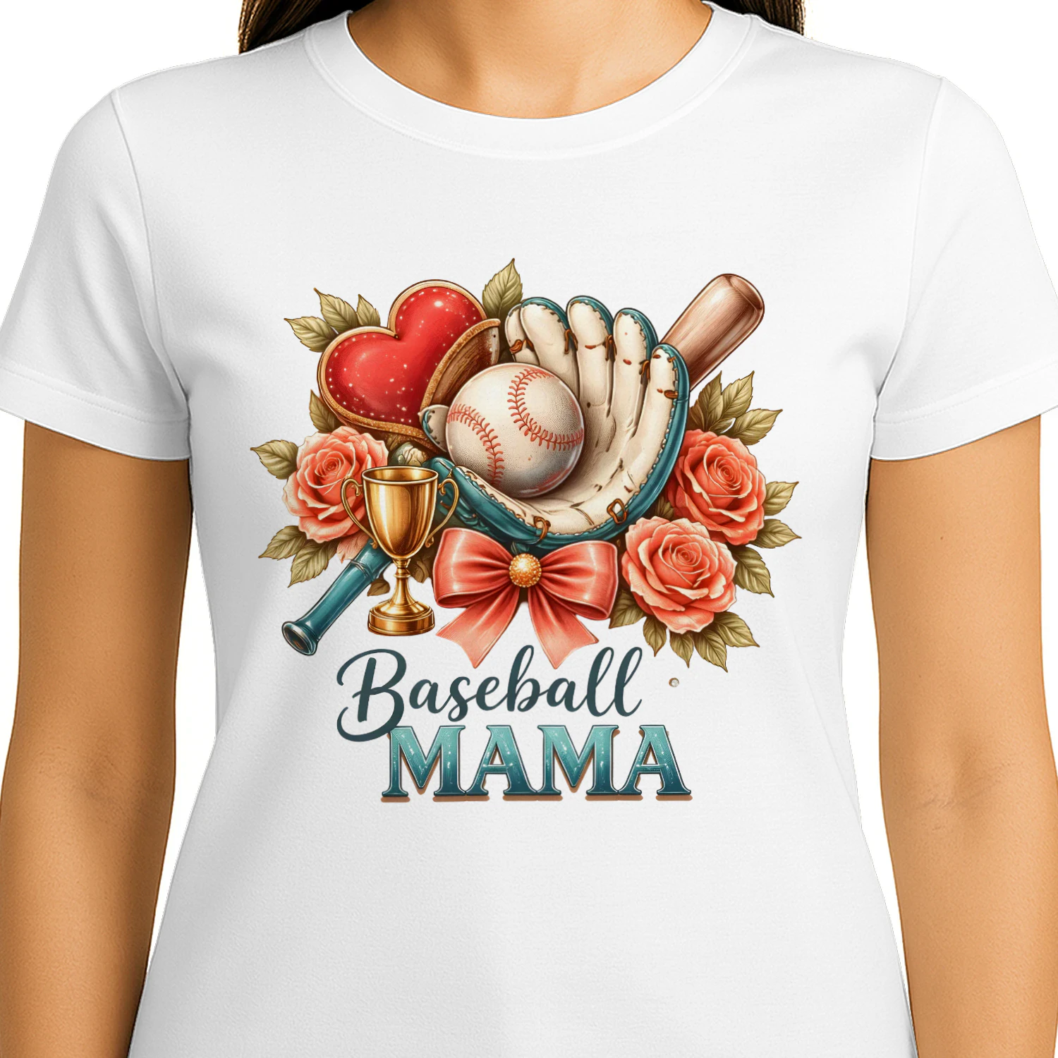 Baseball Mama Coquette Floral Heart Trophy T-Shirt