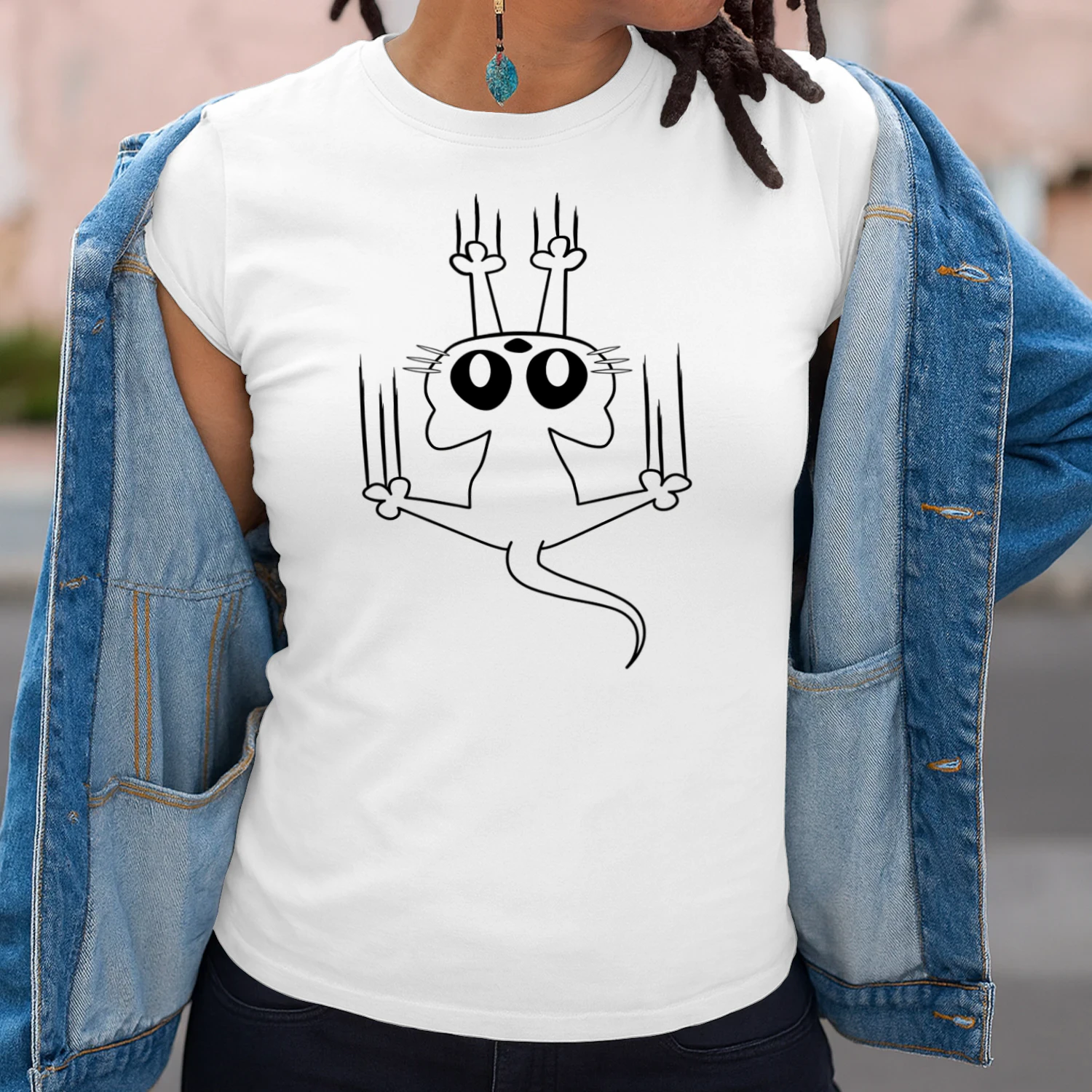 Funny Sliding Cat Claws Scratch Line Art T-Shirt