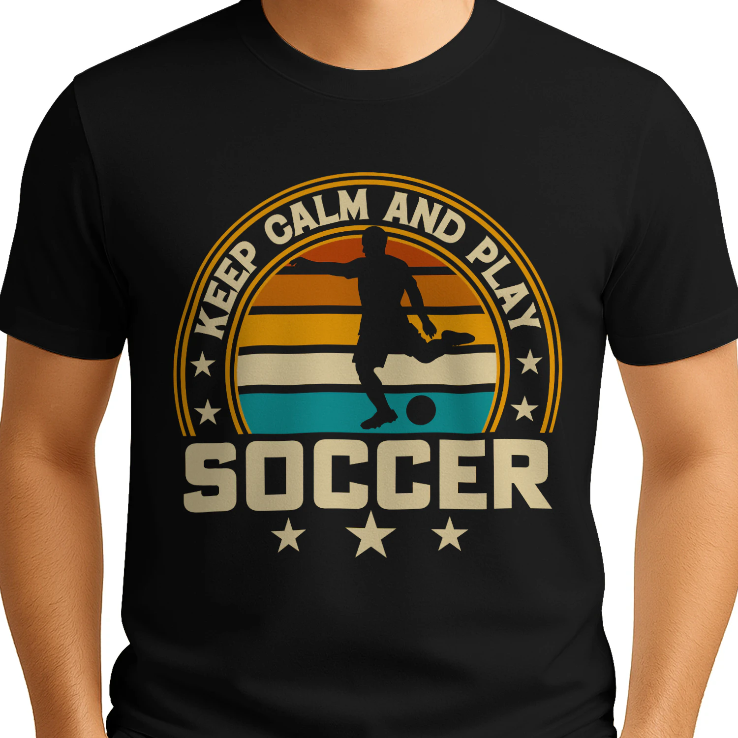 Keep Calm And Play Soccer Retro Sunset Graphic T-Shirt
