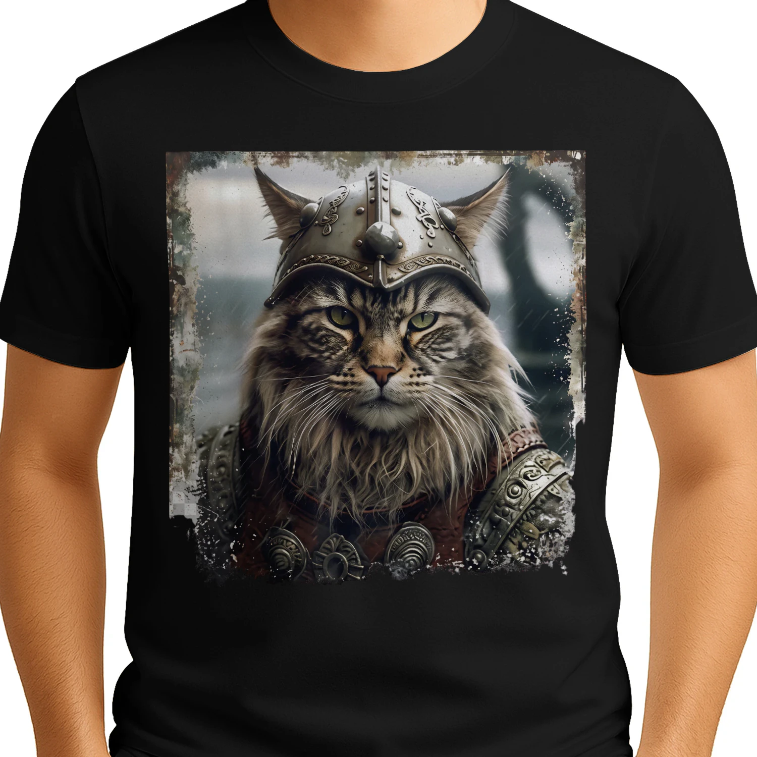 Viking Warrior Cat Nordic Helmet Grunge T-Shirt