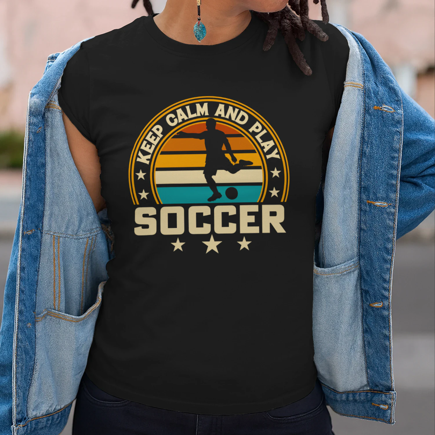 Keep Calm And Play Soccer Retro Sunset Graphic T-Shirt