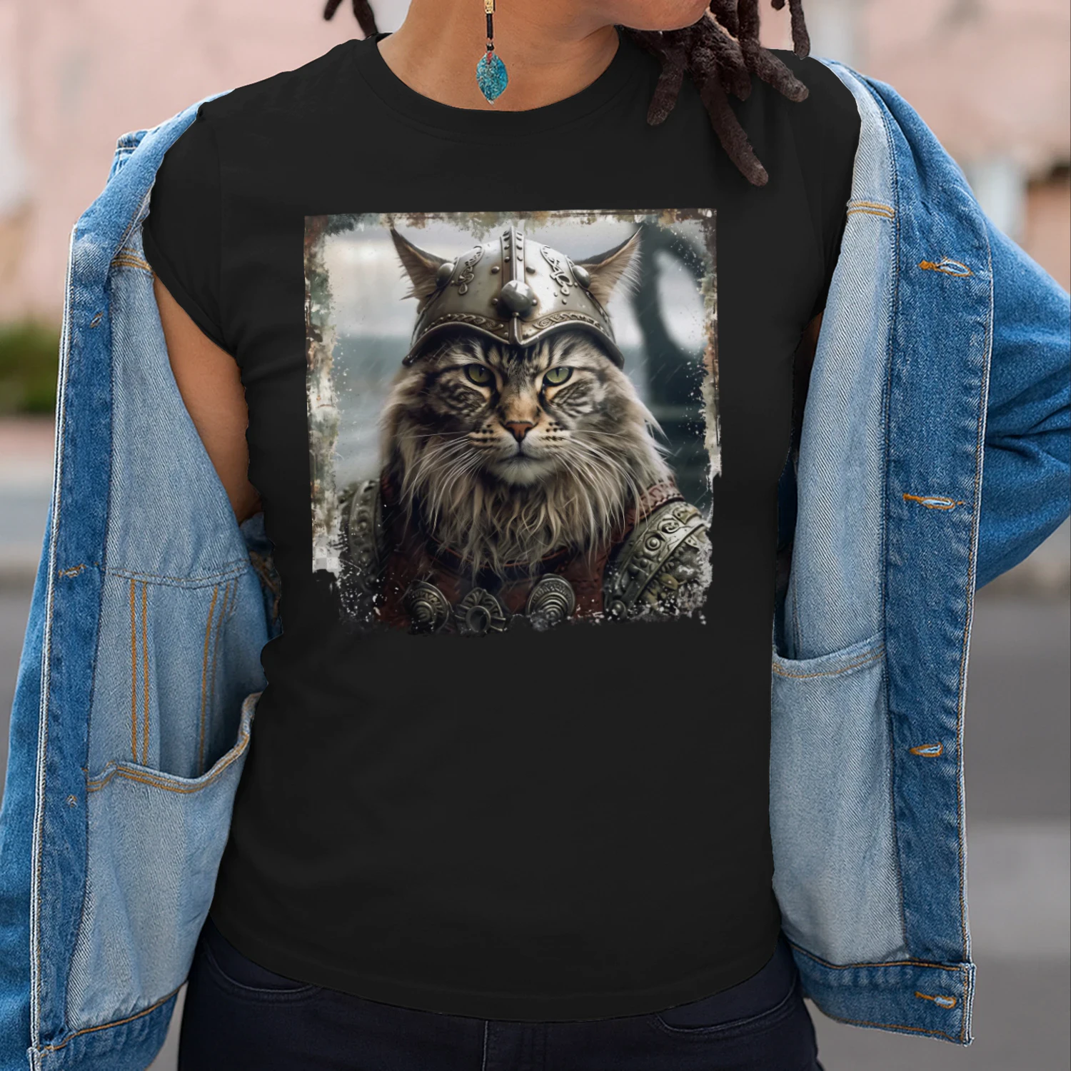 Viking Warrior Cat Nordic Helmet Grunge T-Shirt