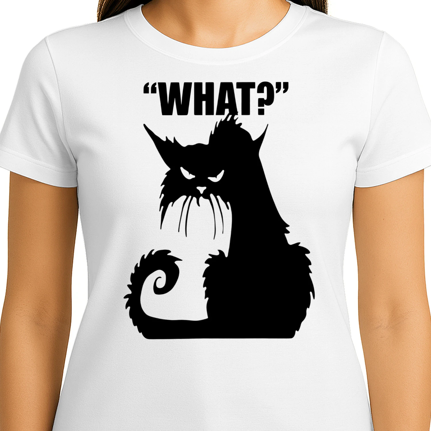 Funny Grumpy Cat "WHAT?" Black Cat Silhouette T-Shirt