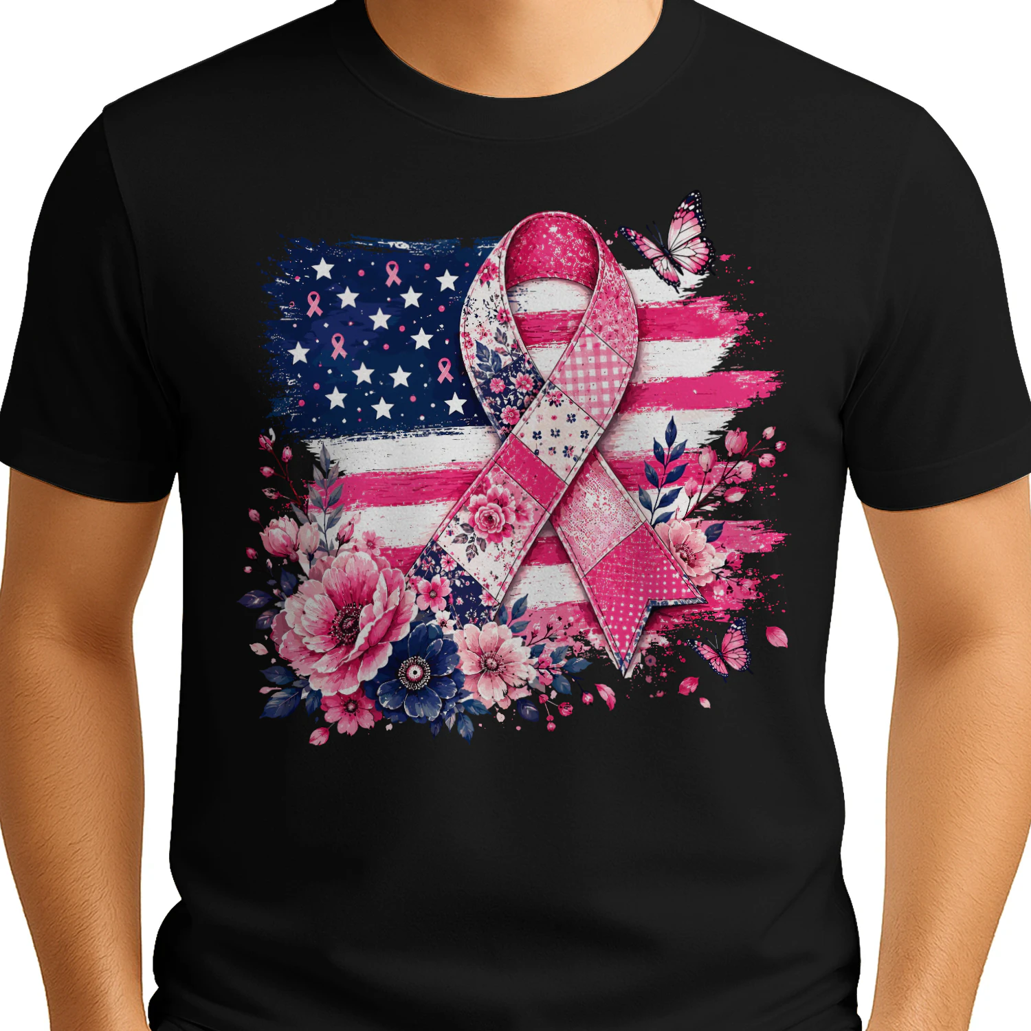 American Flag Floral Pink Ribbon Awareness