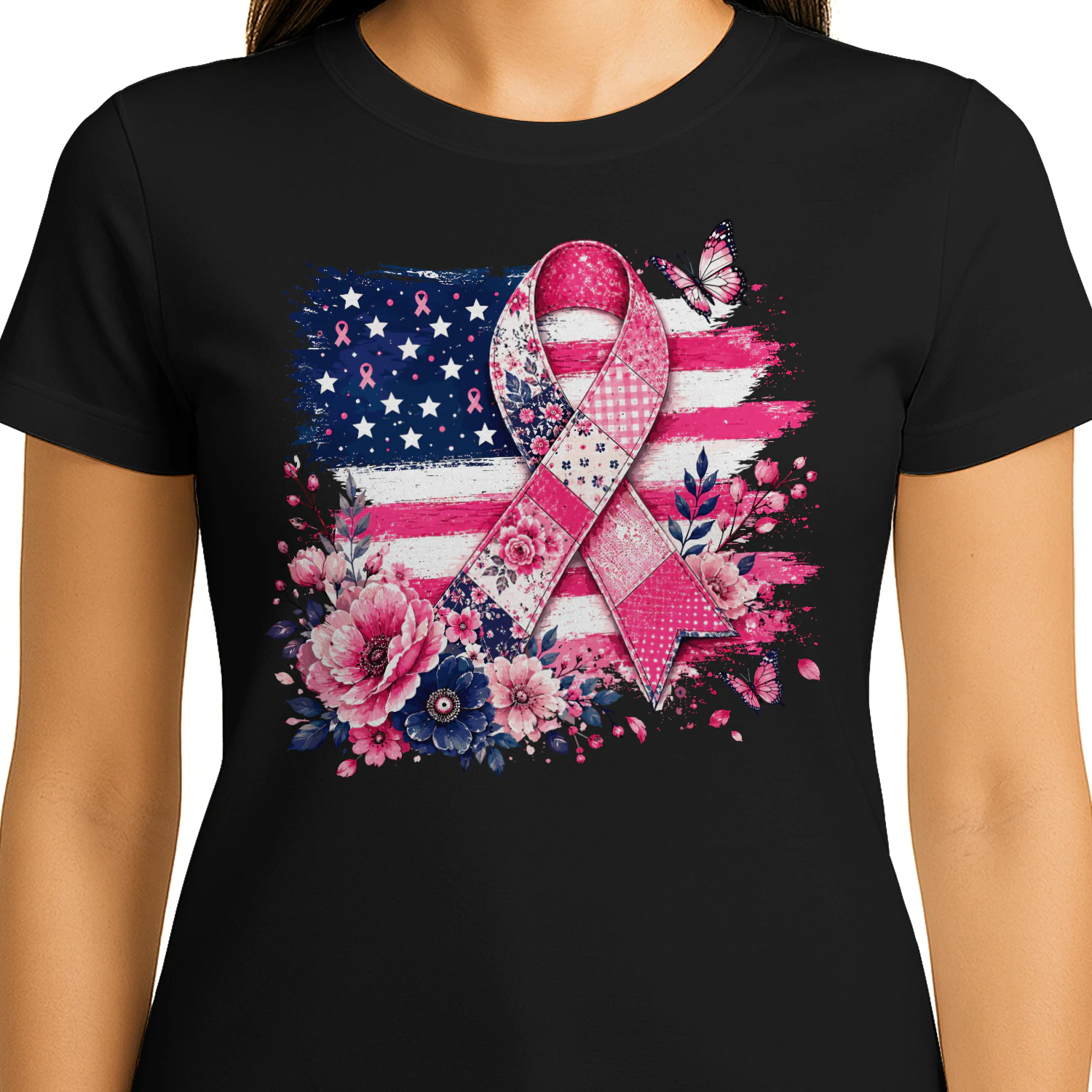 American Flag Floral Pink Ribbon Awareness