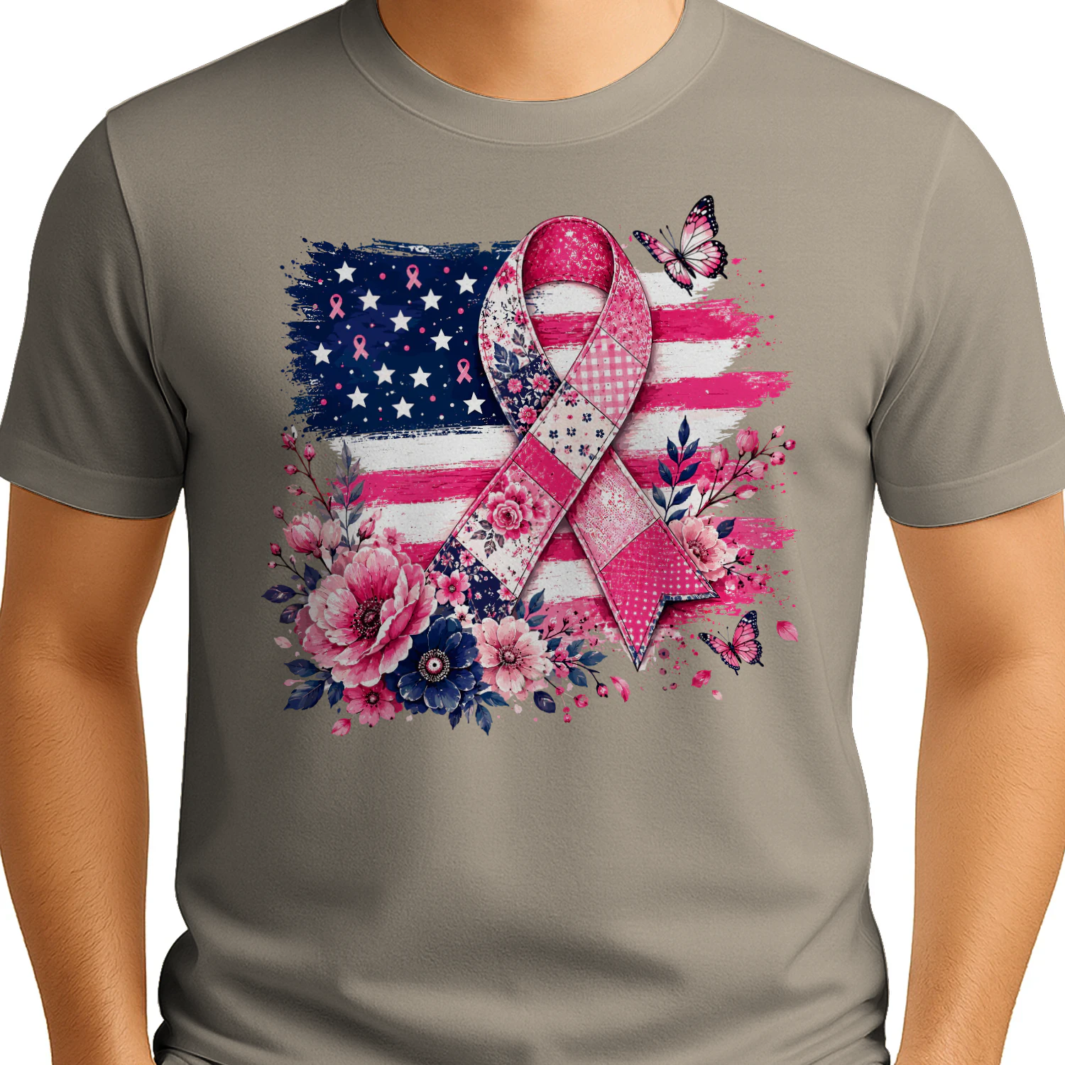 American Flag Floral Pink Ribbon Awareness