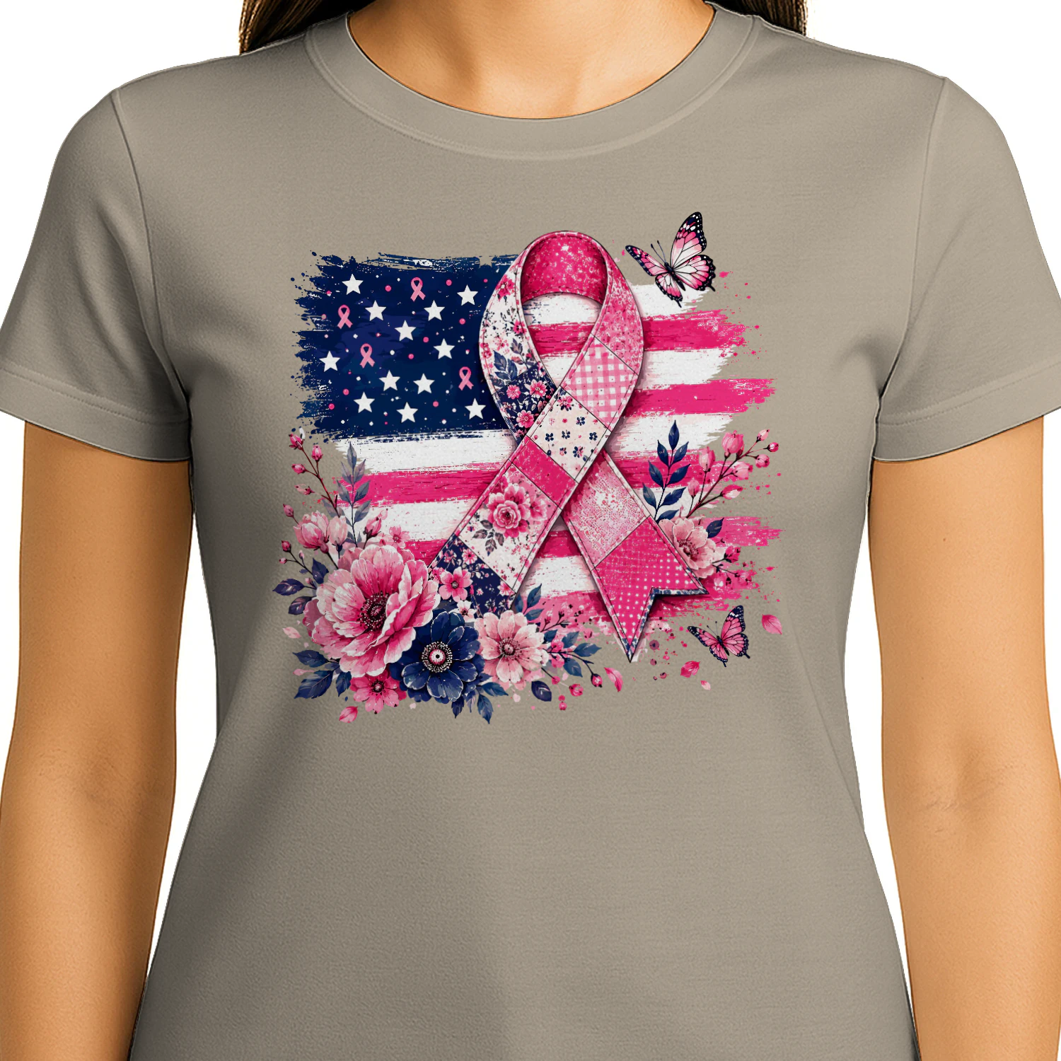 American Flag Floral Pink Ribbon Awareness