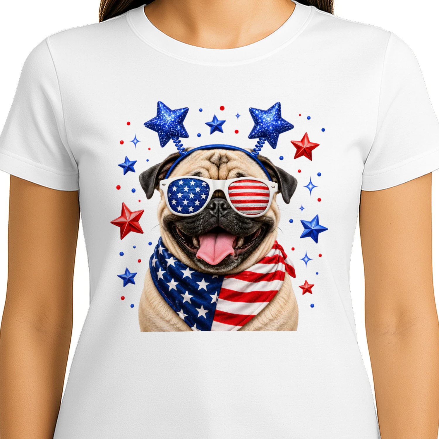 Funny Patriotic Pug with American Flag Sunglasses
