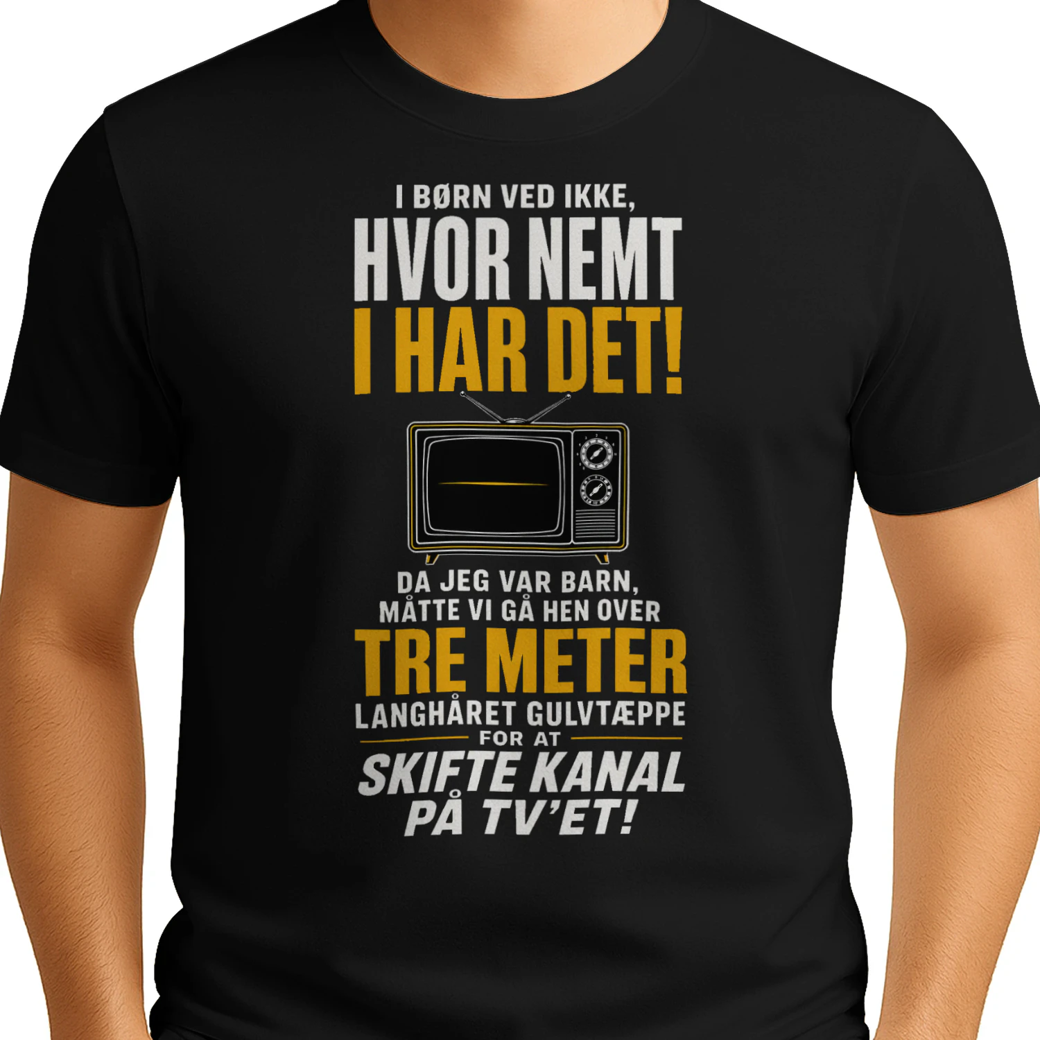 T-shirt med retrohumor – Før fjernbetjeningen