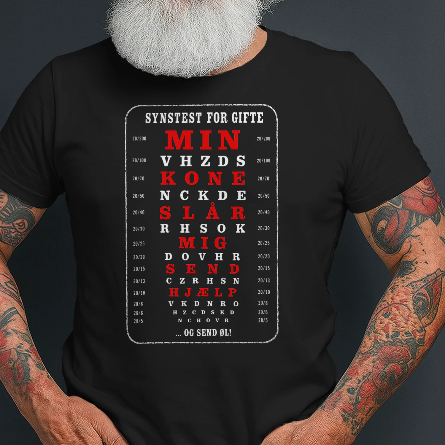 T-shirt med sort humor – Synstest for gifte