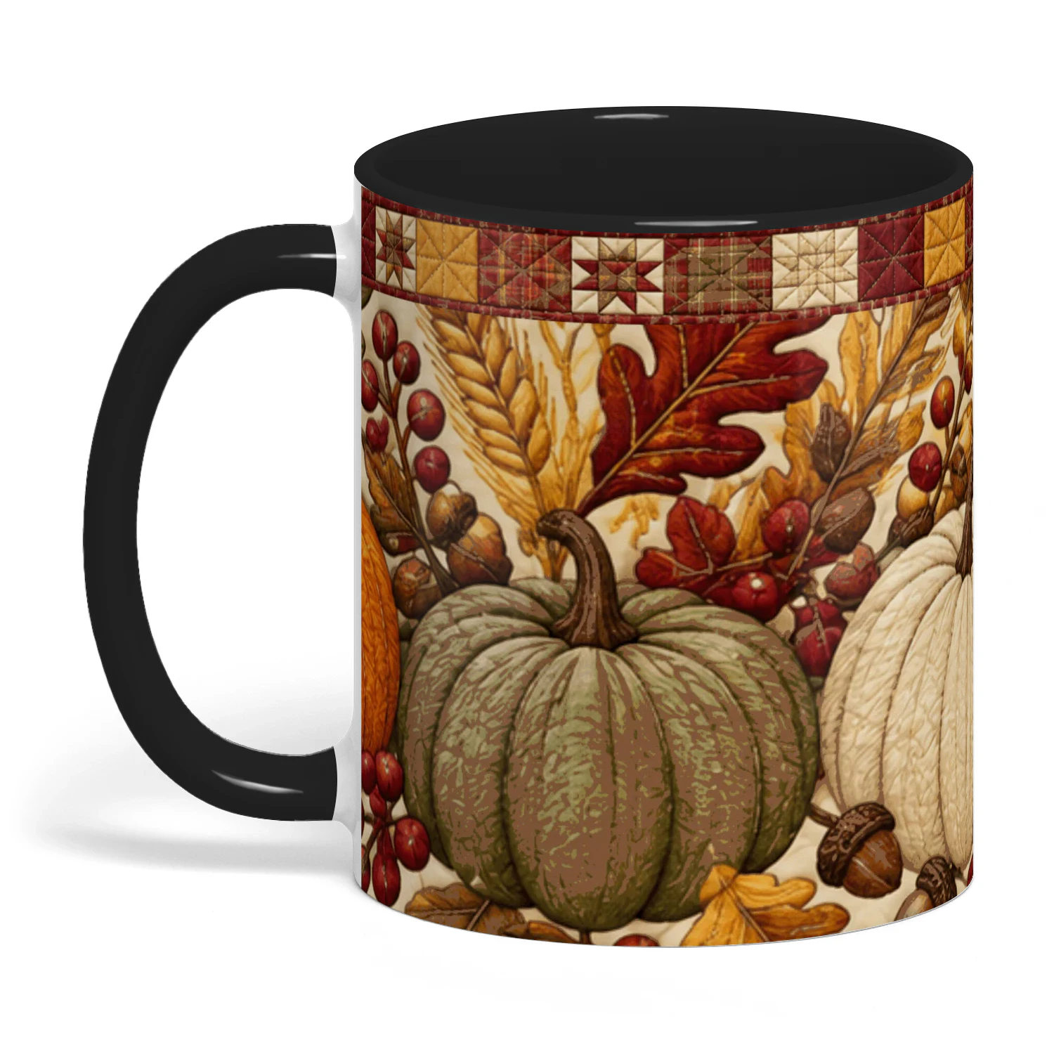 Fall Pumpkin Quilt Mug, Rustic Autumn Farmhouse Coffee Cup, Cozy Thanksgiving Ceramic Gift Mug