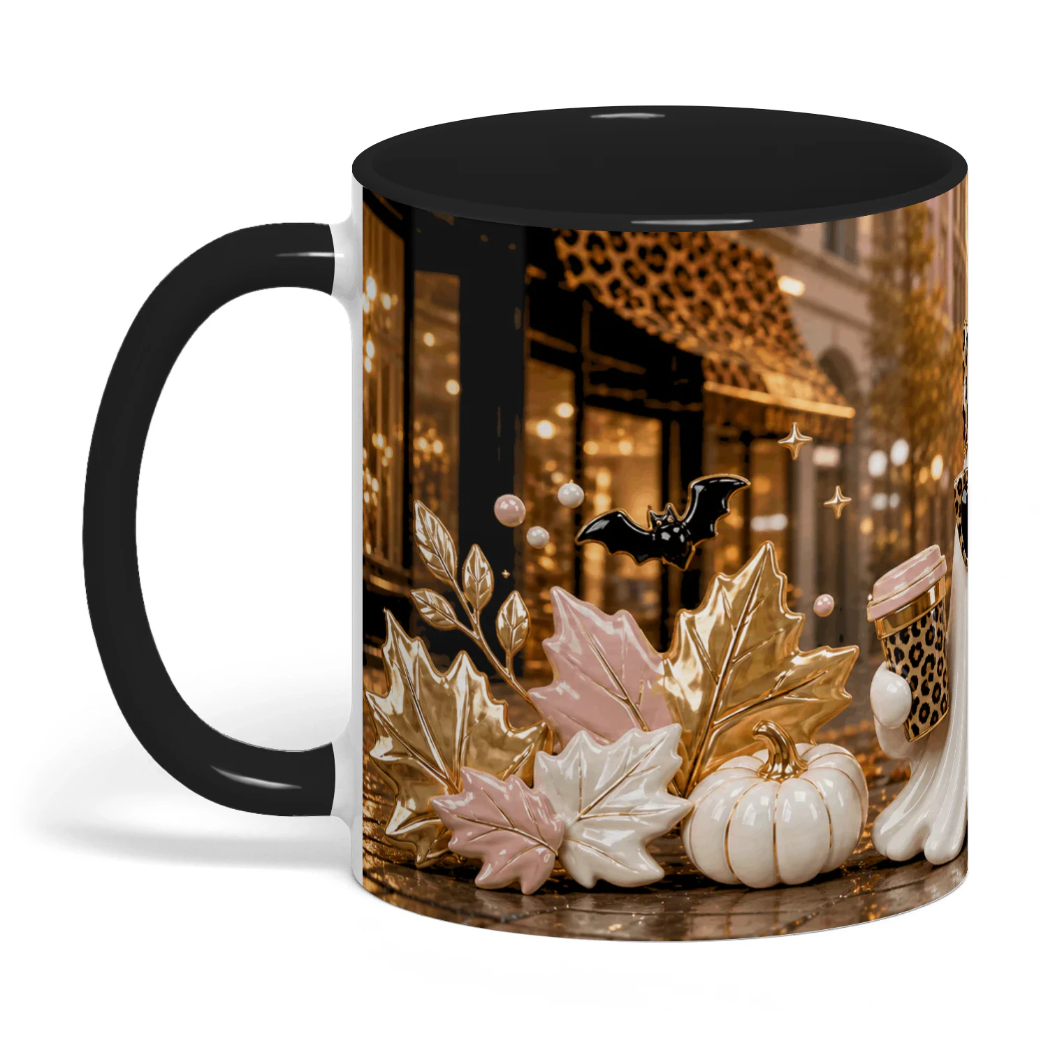 Spooky Chic Ghost Mug, Leopard Print Halloween Coffee Cup, Cute Fall Gift for Her, Glam Spooky Season Mug, Pink Cream Ceramic Mug