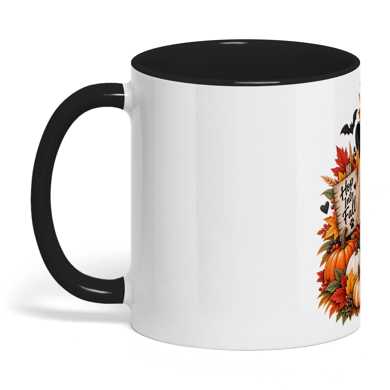Hop Into Fall Bunny Mug, Cute Witch Hat Halloween Coffee Cup, Autumn Pumpkin Black Cat Ceramic Mug