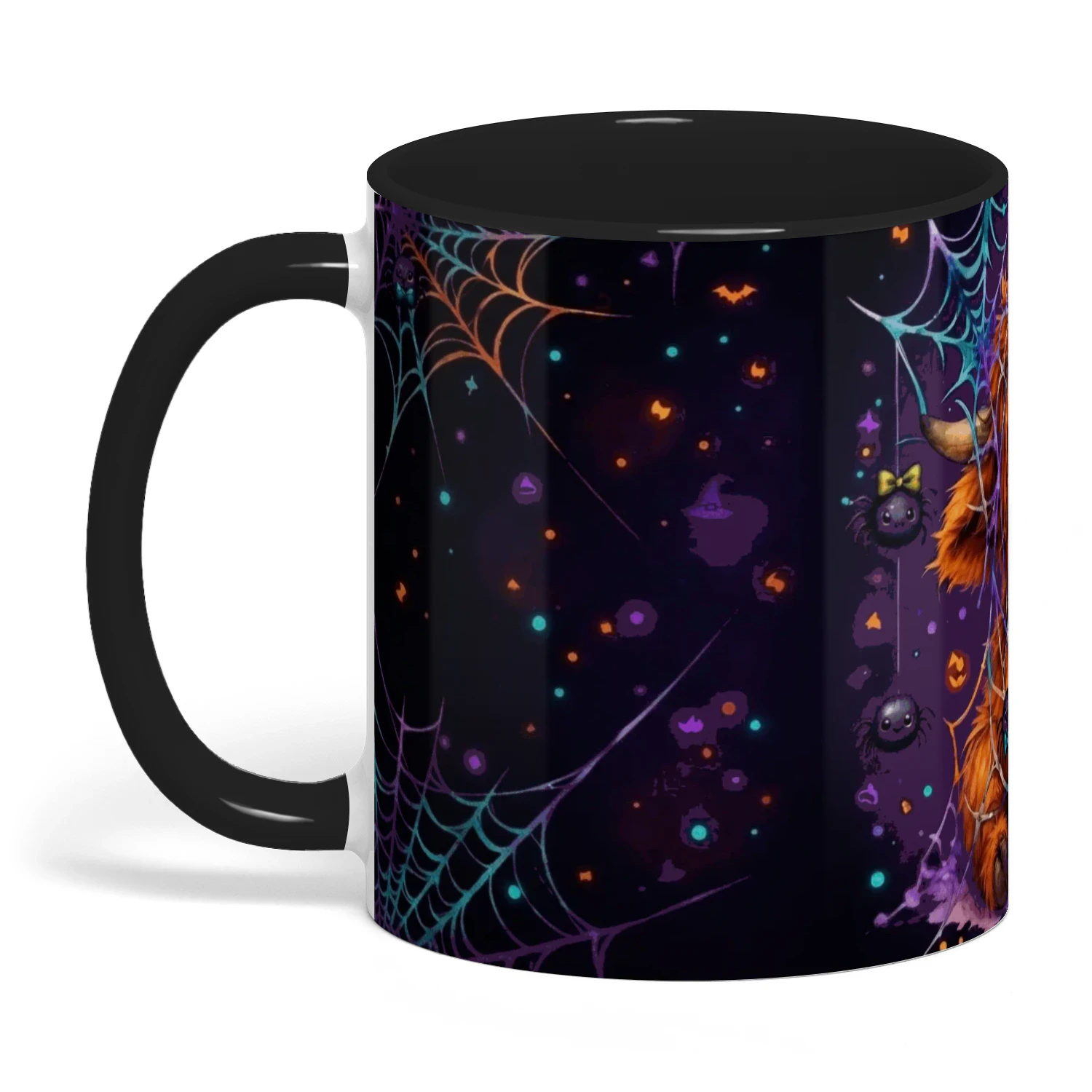 Highland Cow Halloween Mug, Cute Spooky Spider Web Coffee Cup, Fluffy Baby Cow Ceramic Gift Mug