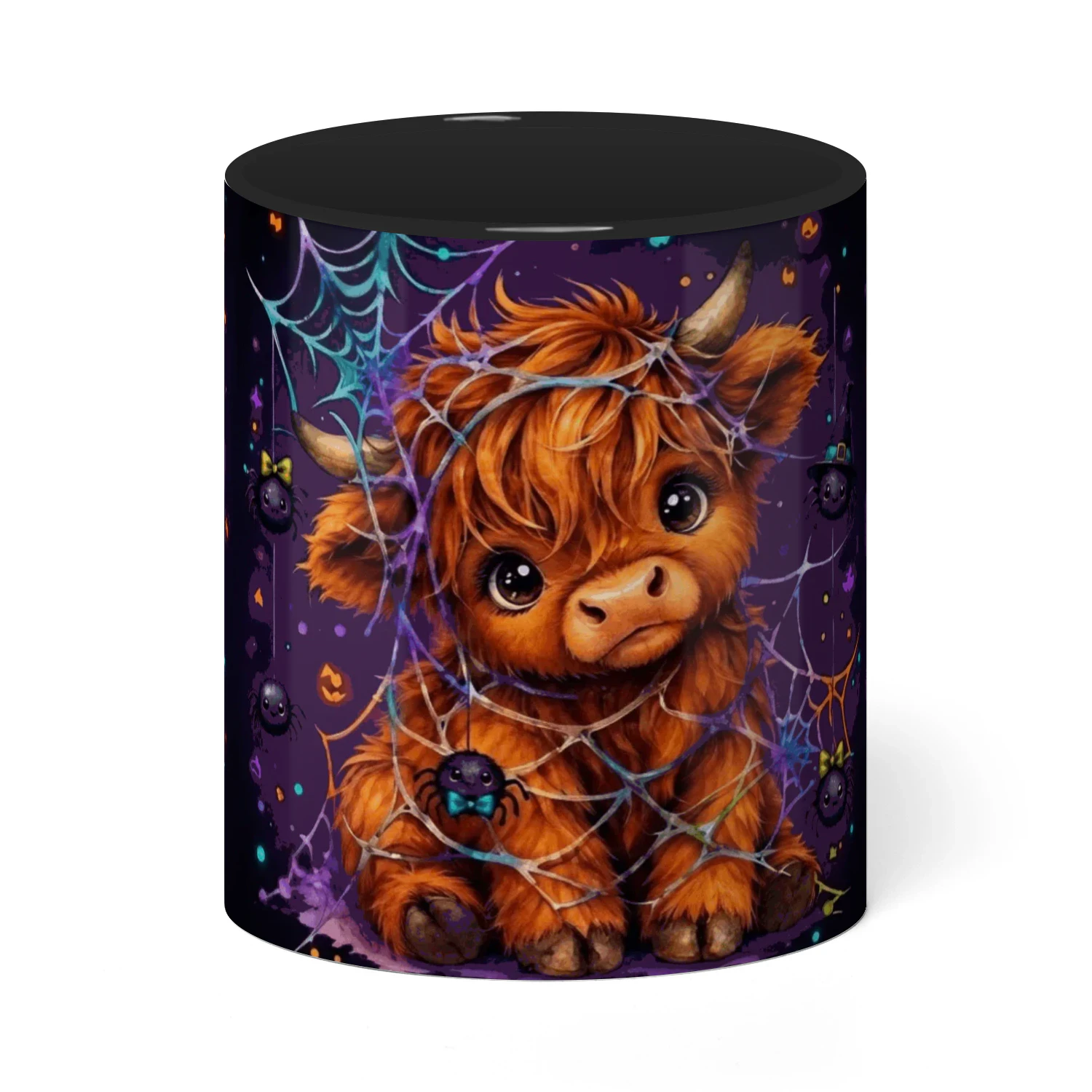 Highland Cow Halloween Mug, Cute Spooky Spider Web Coffee Cup, Fluffy Baby Cow Ceramic Gift Mug