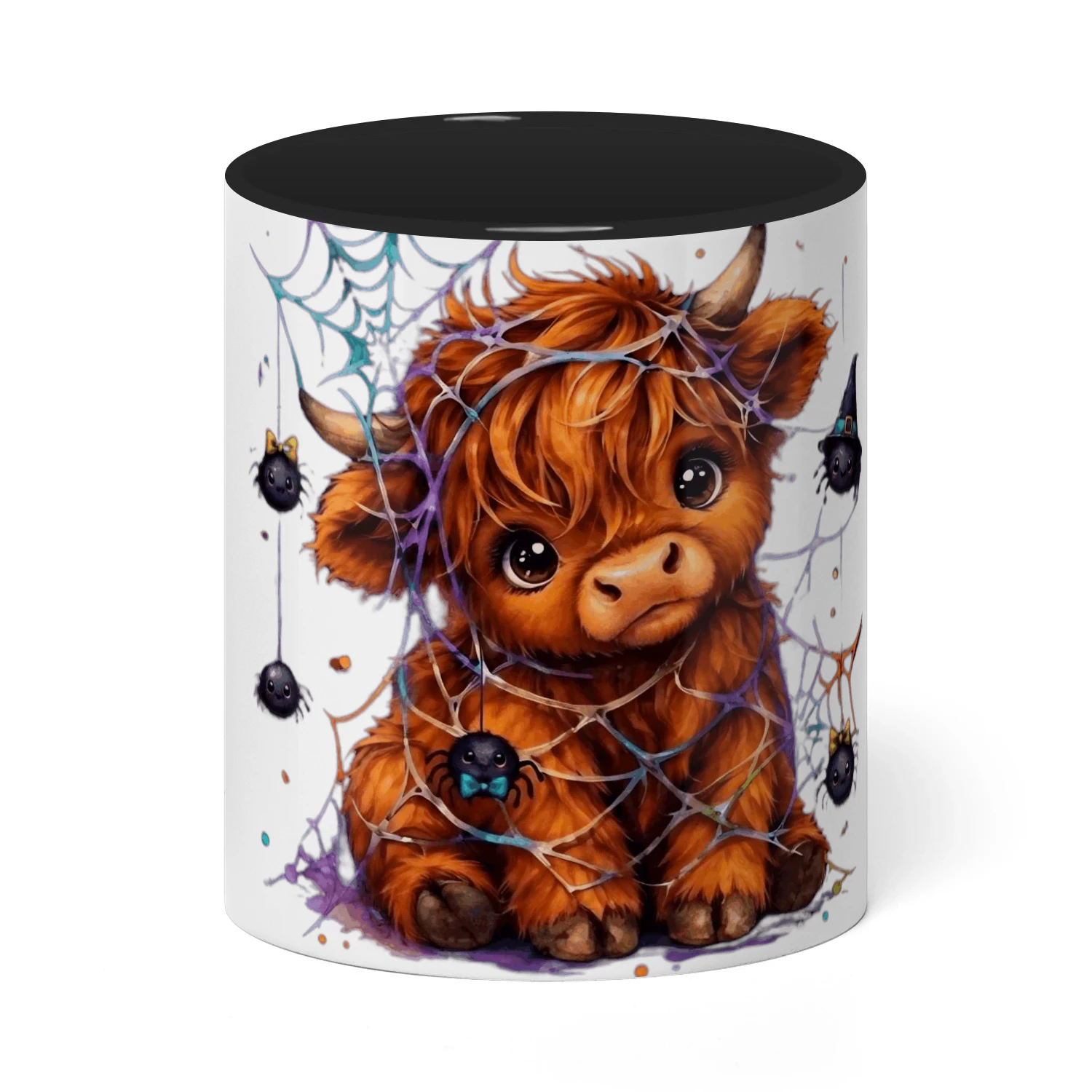 Highland Cow Halloween Mug, Cute Spider Web Cup