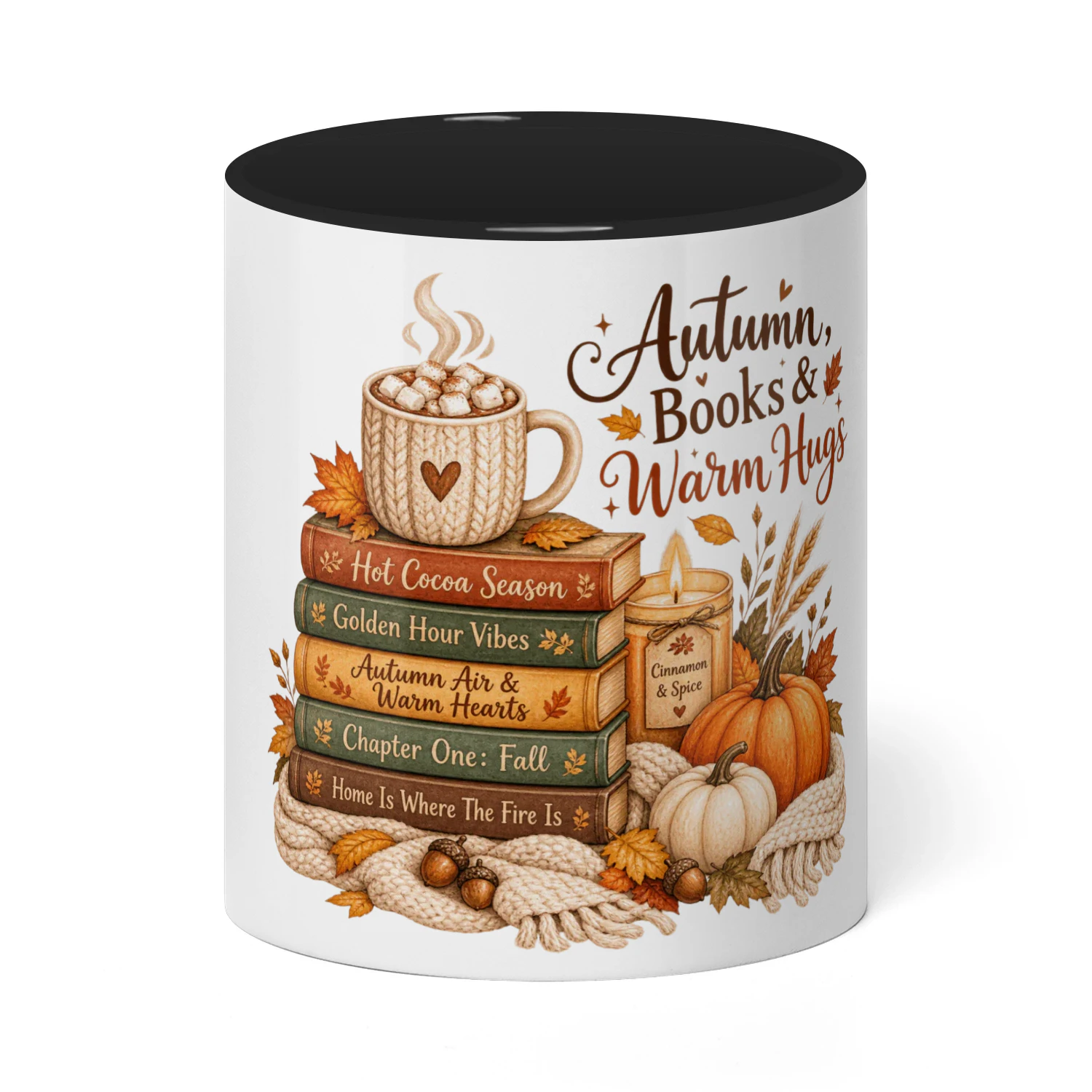 Autumn Books & Warm Hugs Mug, Cozy Fall Book Lover Coffee Cup, Hot Cocoa Pumpkin Ceramic Gift Mug