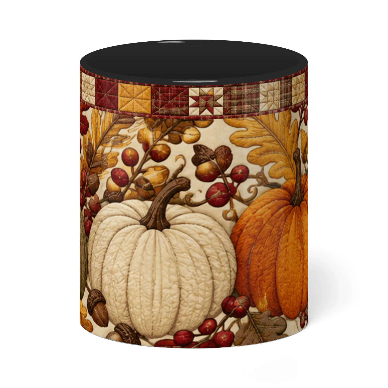 Fall Pumpkin Quilt Mug, Rustic Autumn Farmhouse Coffee Cup, Cozy Thanksgiving Ceramic Gift Mug