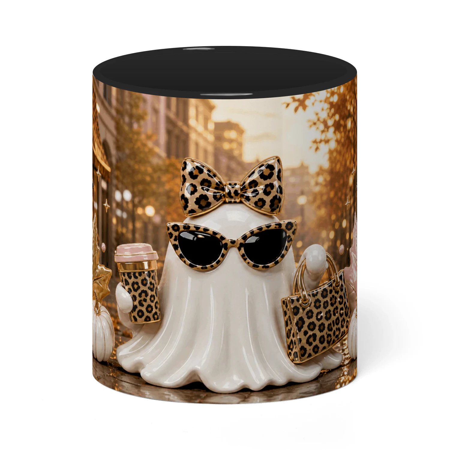 Spooky Chic Ghost Mug, Leopard Print Halloween Coffee Cup, Cute Fall Gift for Her, Glam Spooky Season Mug, Pink Cream Ceramic Mug