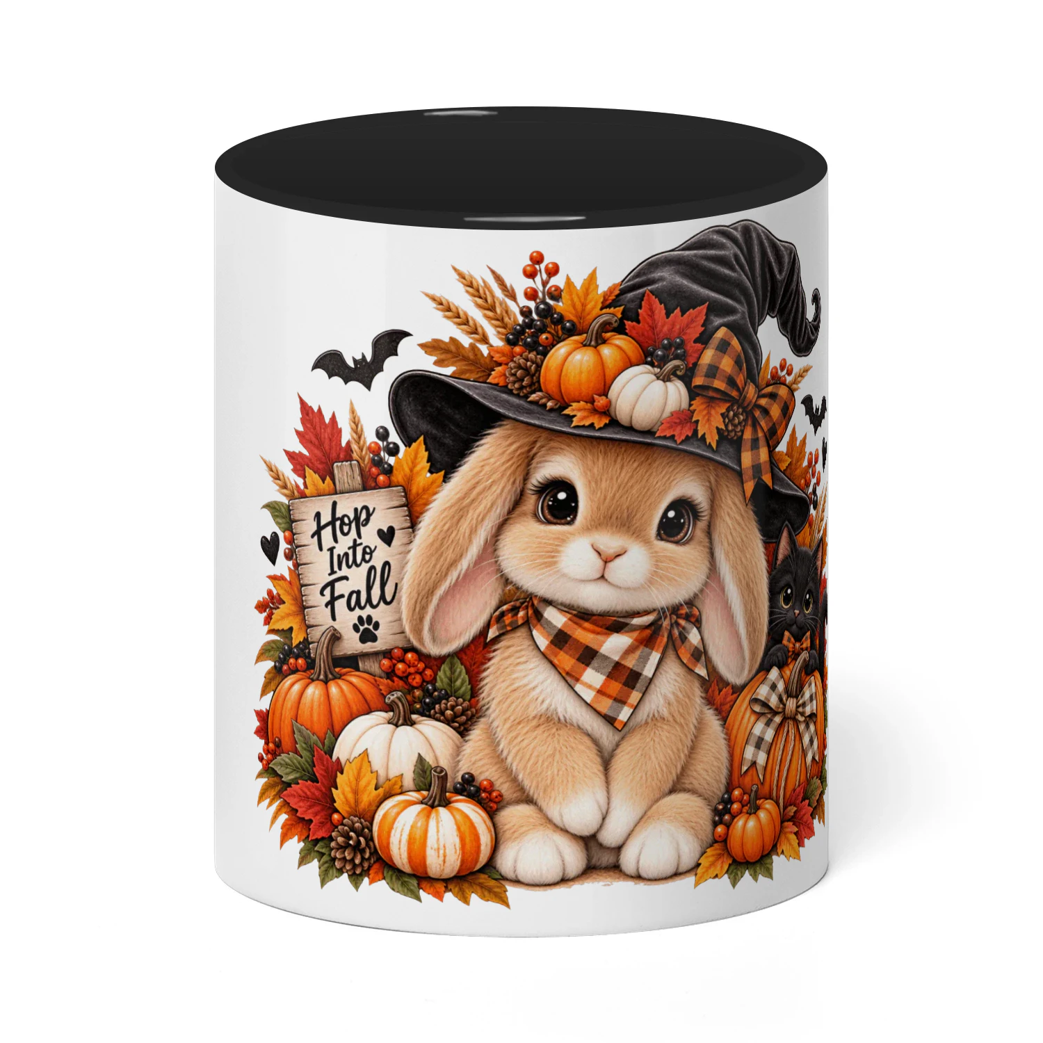 Hop Into Fall Bunny Mug, Cute Witch Hat Halloween Coffee Cup, Autumn Pumpkin Black Cat Ceramic Mug
