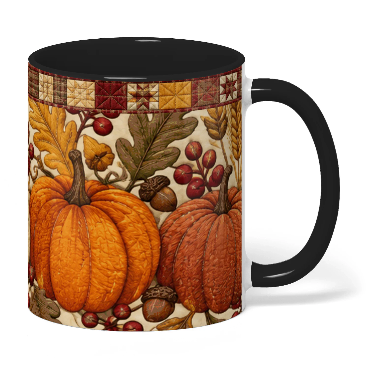 Fall Pumpkin Quilt Mug, Rustic Autumn Farmhouse Coffee Cup, Cozy Thanksgiving Ceramic Gift Mug