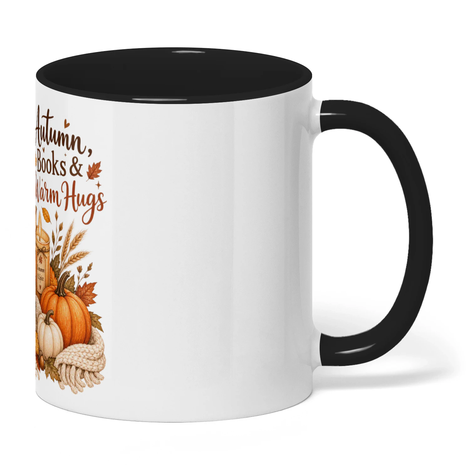 Autumn Books & Warm Hugs Mug, Cozy Fall Book Lover Coffee Cup, Hot Cocoa Pumpkin Ceramic Gift Mug