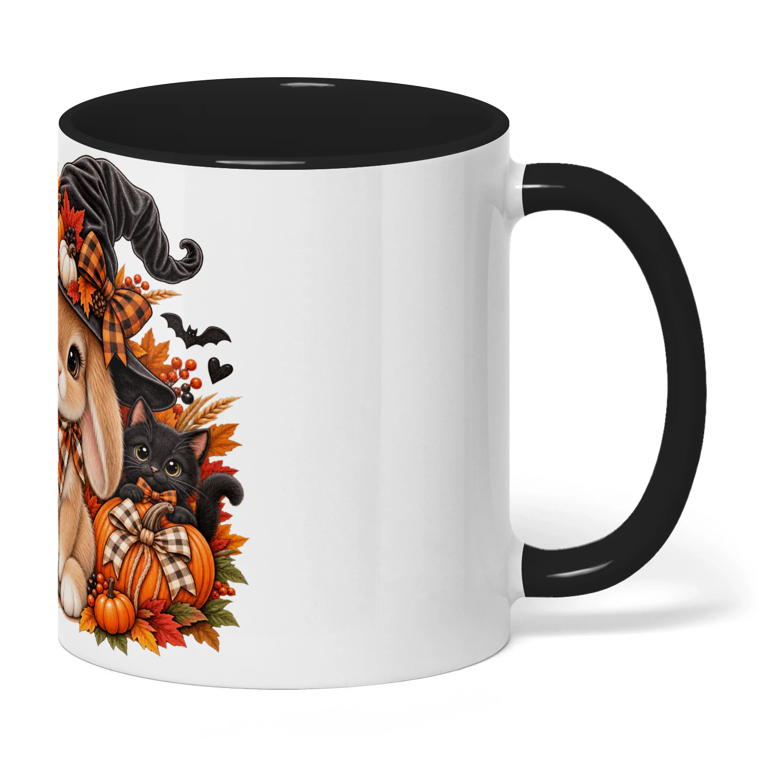 Hop Into Fall Bunny Mug, Cute Witch Hat Halloween Coffee Cup, Autumn Pumpkin Black Cat Ceramic Mug