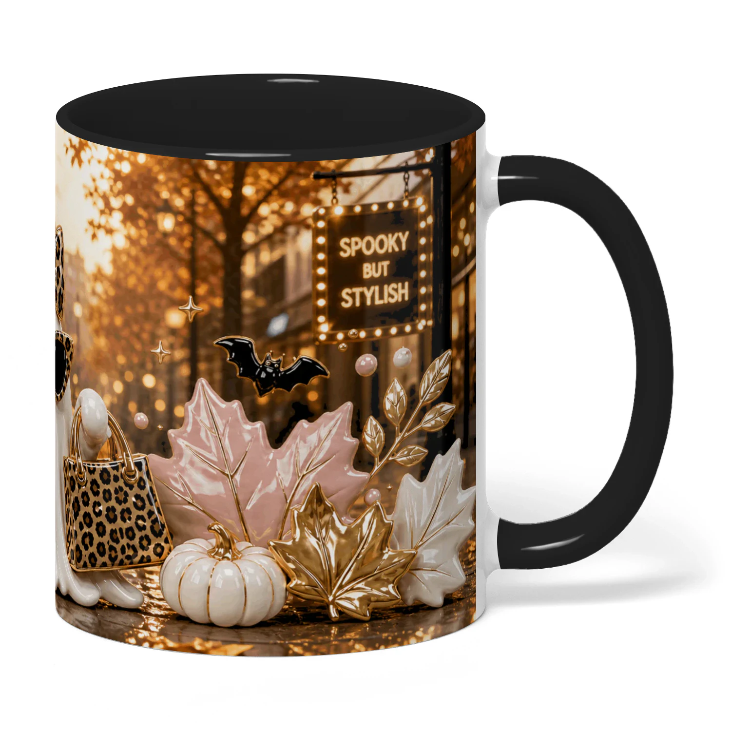 Spooky Chic Ghost Mug, Leopard Print Halloween Coffee Cup, Cute Fall Gift for Her, Glam Spooky Season Mug, Pink Cream Ceramic Mug