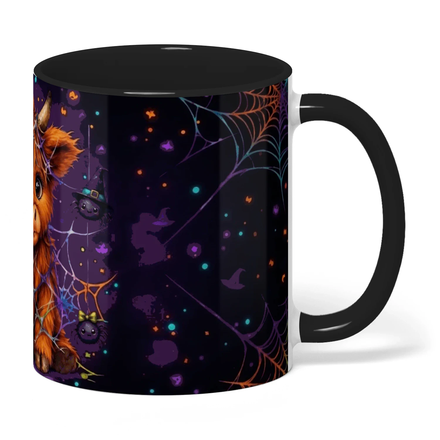Highland Cow Halloween Mug, Cute Spooky Spider Web Coffee Cup, Fluffy Baby Cow Ceramic Gift Mug