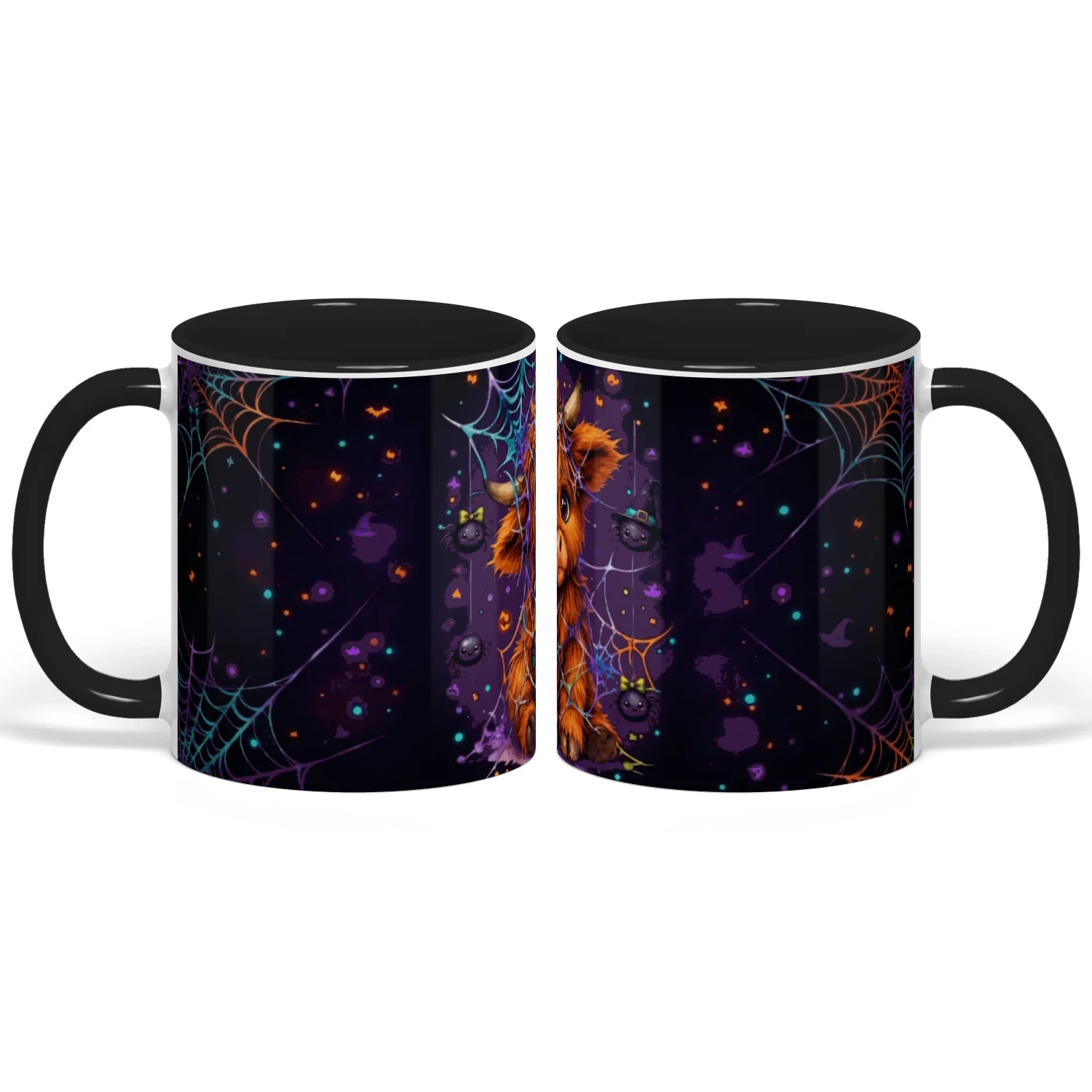 Highland Cow Halloween Mug, Cute Spooky Spider Web Coffee Cup, Fluffy Baby Cow Ceramic Gift Mug