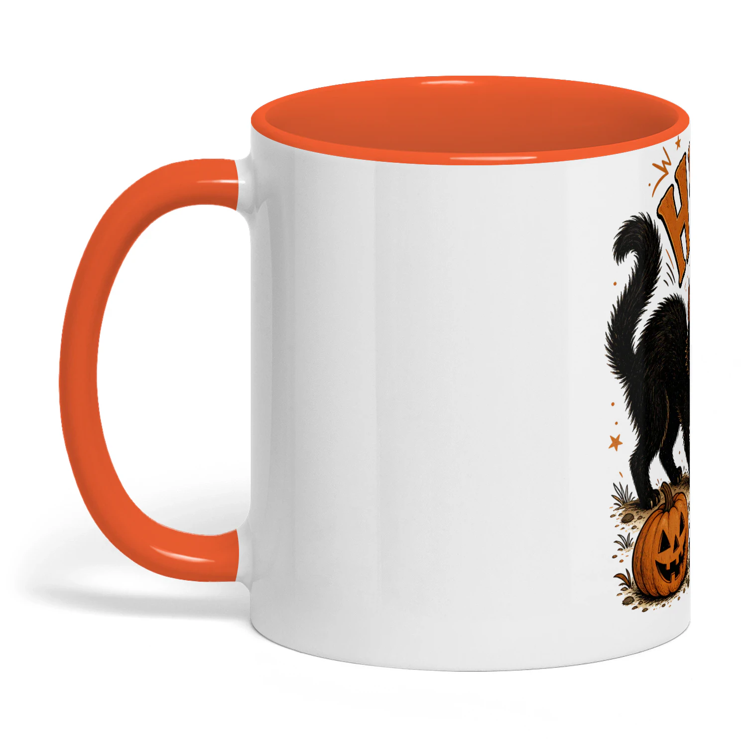 Black Cat and Ghost Halloween Mug, Funny Vintage Hiss Coffee Cup, Retro Pumpkin Ceramic Gift Mug