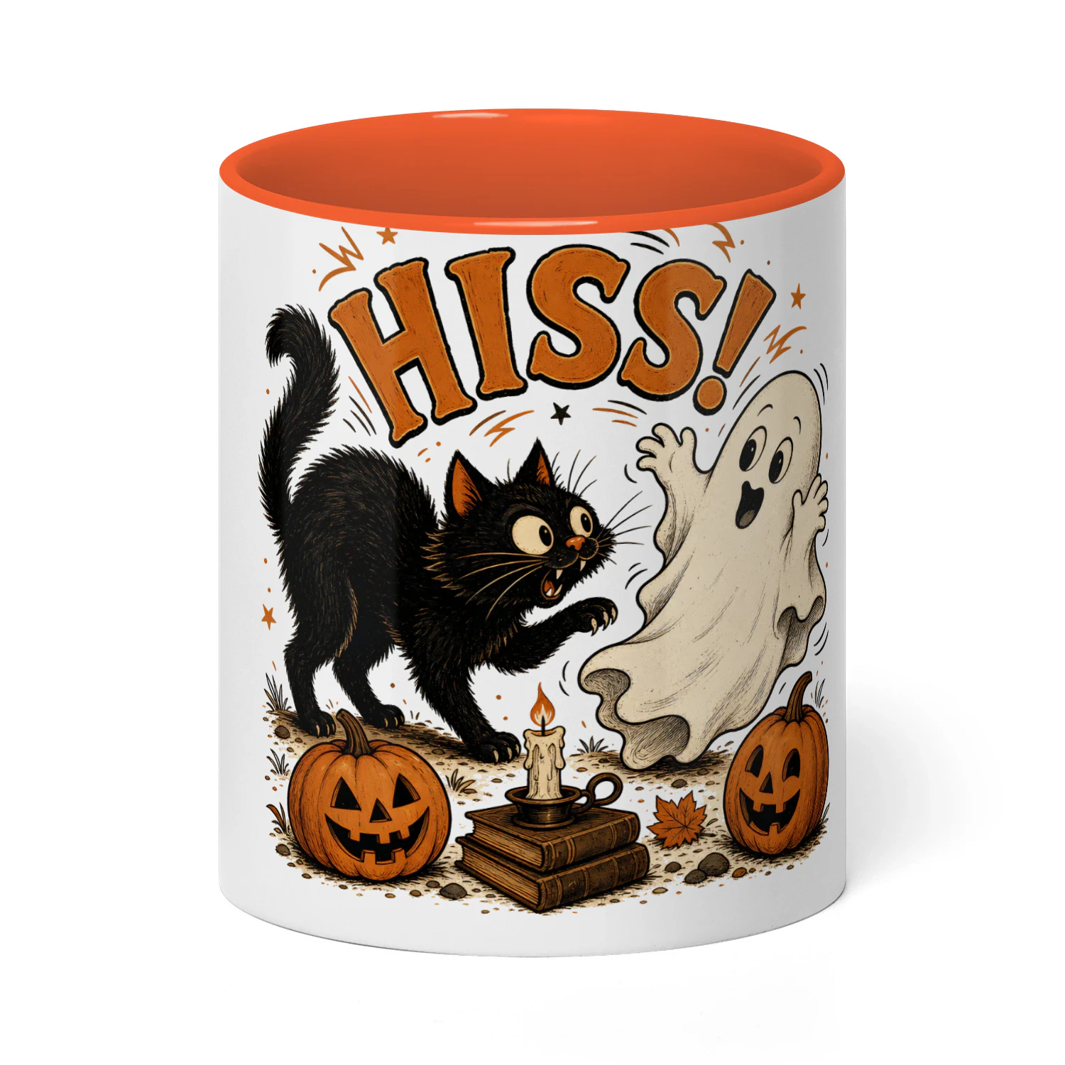 Black Cat and Ghost Halloween Mug, Funny Vintage Hiss Coffee Cup, Retro Pumpkin Ceramic Gift Mug