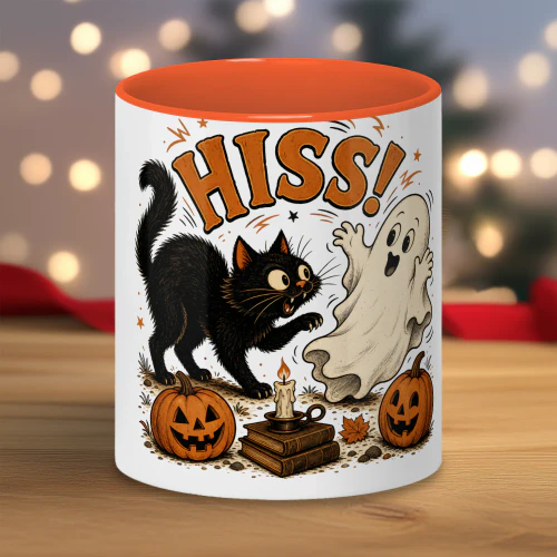 Black Cat Ghost Halloween Mug, Funny Hiss Cup