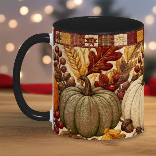 Fall Pumpkin Quilt Mug, Rustic Autumn Farmhouse Coffee Cup, Cozy Thanksgiving Ceramic Mug Gift for Her