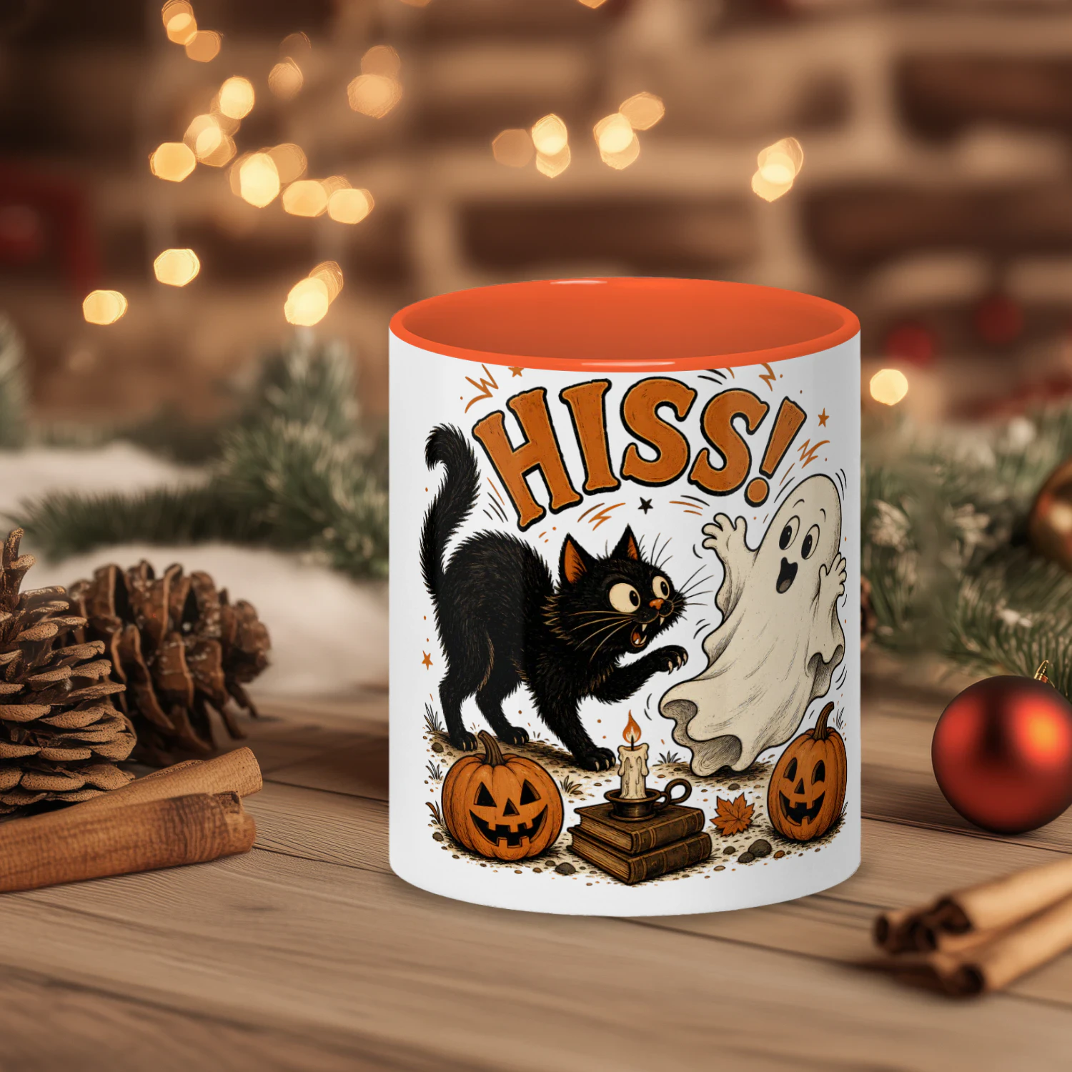Black Cat and Ghost Halloween Mug, Funny Vintage Hiss Coffee Cup, Retro Pumpkin Ceramic Gift Mug
