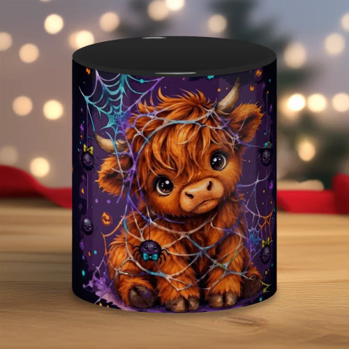 Highland Cow Halloween Mug, Cute Spooky Spider Web Coffee Cup, Fluffy Baby Highland Calf Ceramic Mug Gift for Cow Lovers