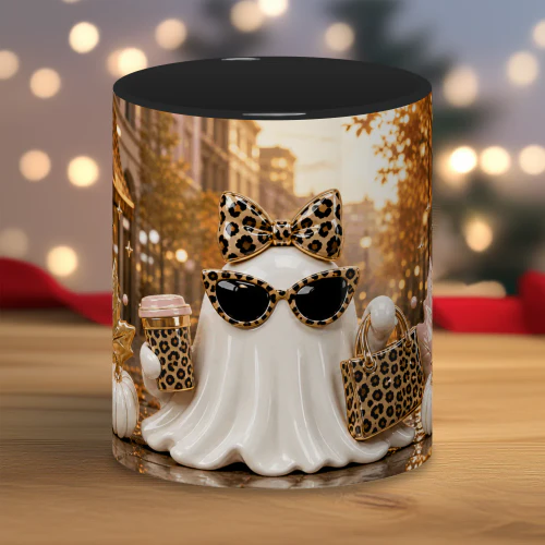 Spooky Chic Ghost Mug, Leopard Print Halloween Coffee Cup,