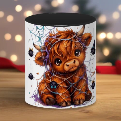 Highland Cow Halloween Mug, Cute Spider Web Cup 