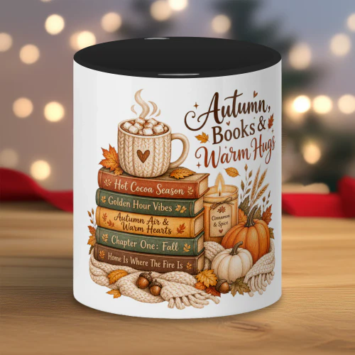 Autumn Books & Warm Hugs Mug, Cozy Fall Reading Coffee Cup, Hot Cocoa Pumpkin Candle Ceramic Mug Gift for Book Lovers