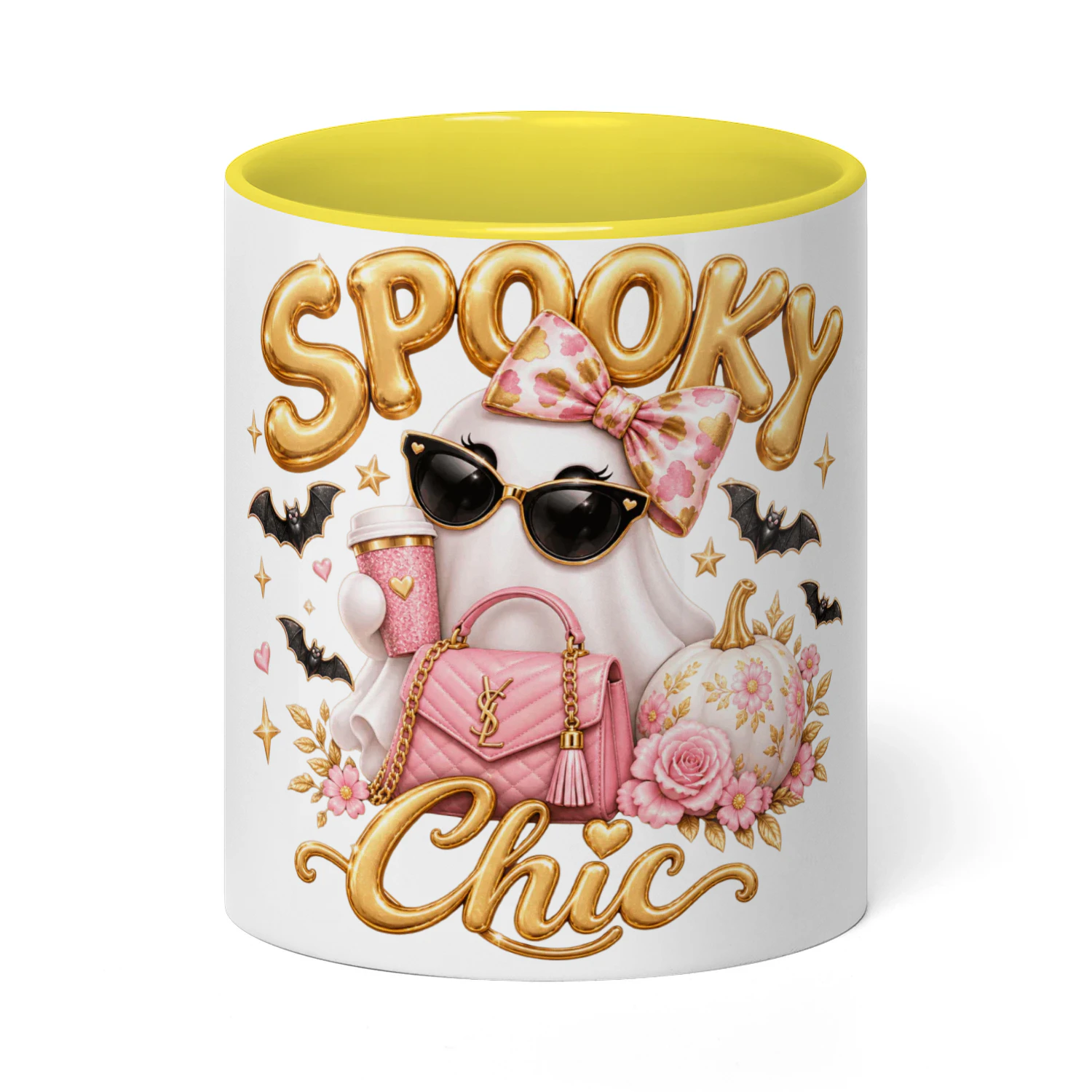 Spooky Chic Ghost Mug – Pink & Gold Halloween Coffee Cup – Cute Halloween Gift for Her