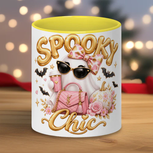 Spooky Chic Ghost Mug – Pink & Gold Halloween Coffee Cup – Cute Halloween Gift for Her
