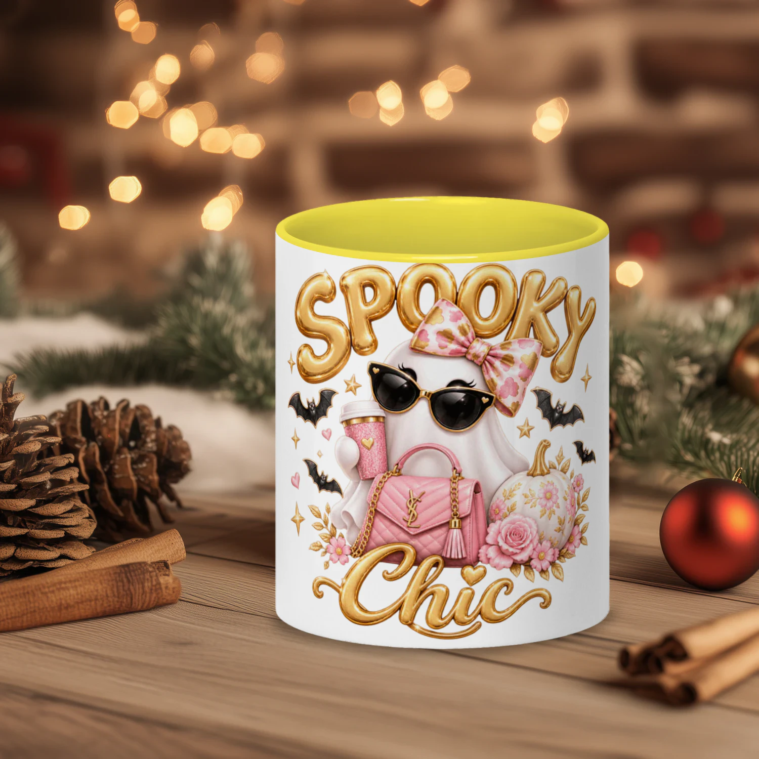 Spooky Chic Ghost Mug – Pink & Gold Halloween Coffee Cup – Cute Halloween Gift for Her