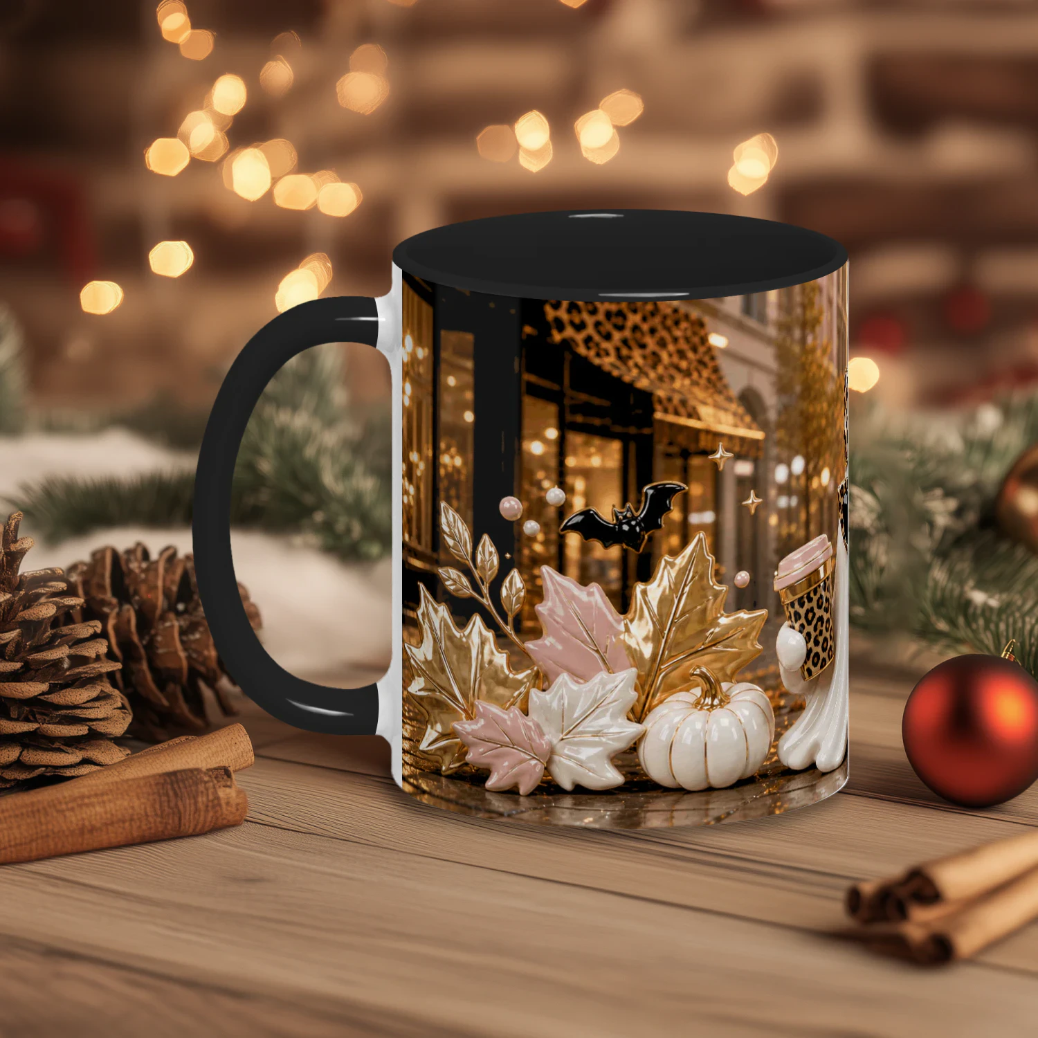 Spooky Chic Ghost Mug, Leopard Print Halloween Coffee Cup, Cute Fall Gift for Her, Glam Spooky Season Mug, Pink Cream Ceramic Mug