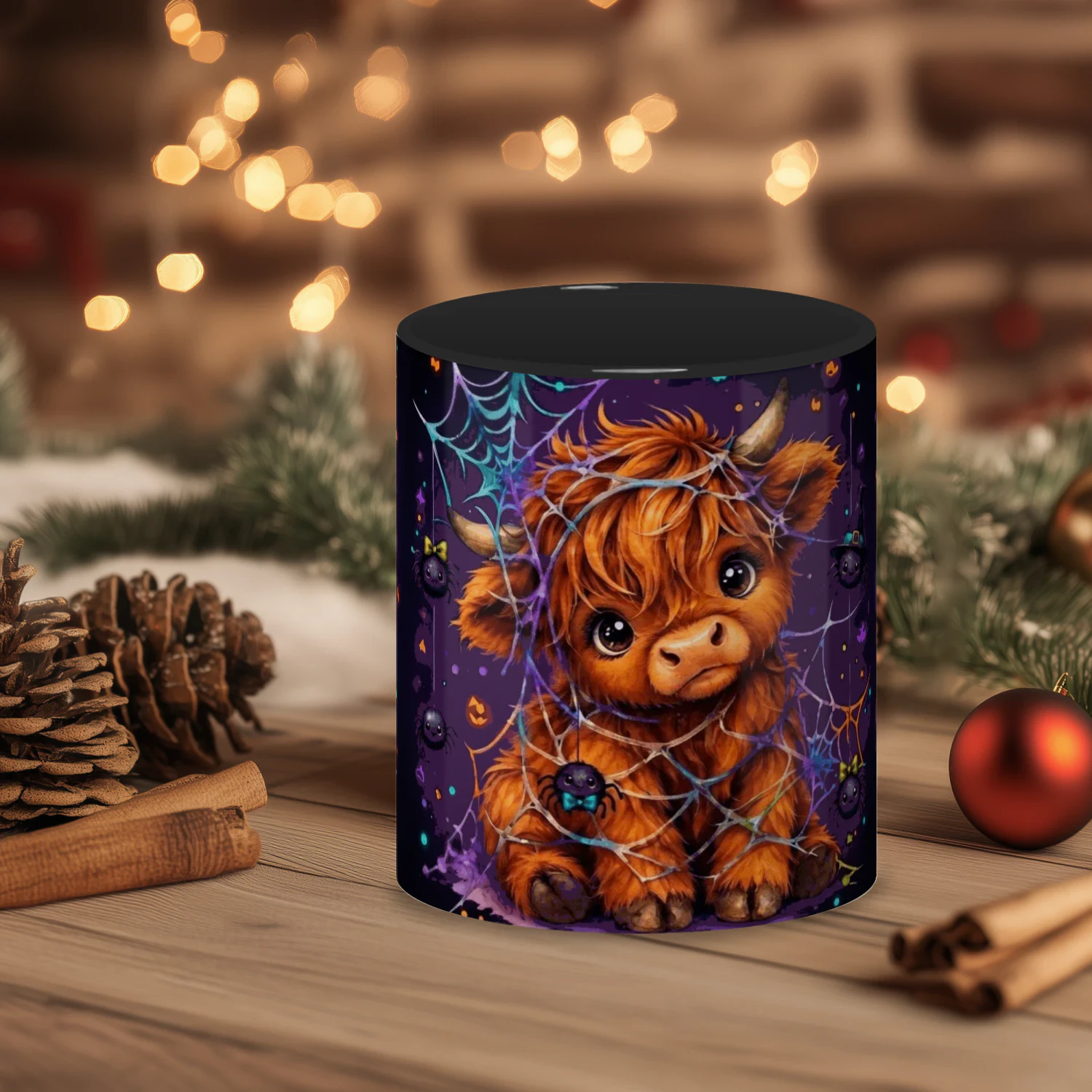 Highland Cow Halloween Mug, Cute Spooky Spider Web Coffee Cup, Fluffy Baby Cow Ceramic Gift Mug
