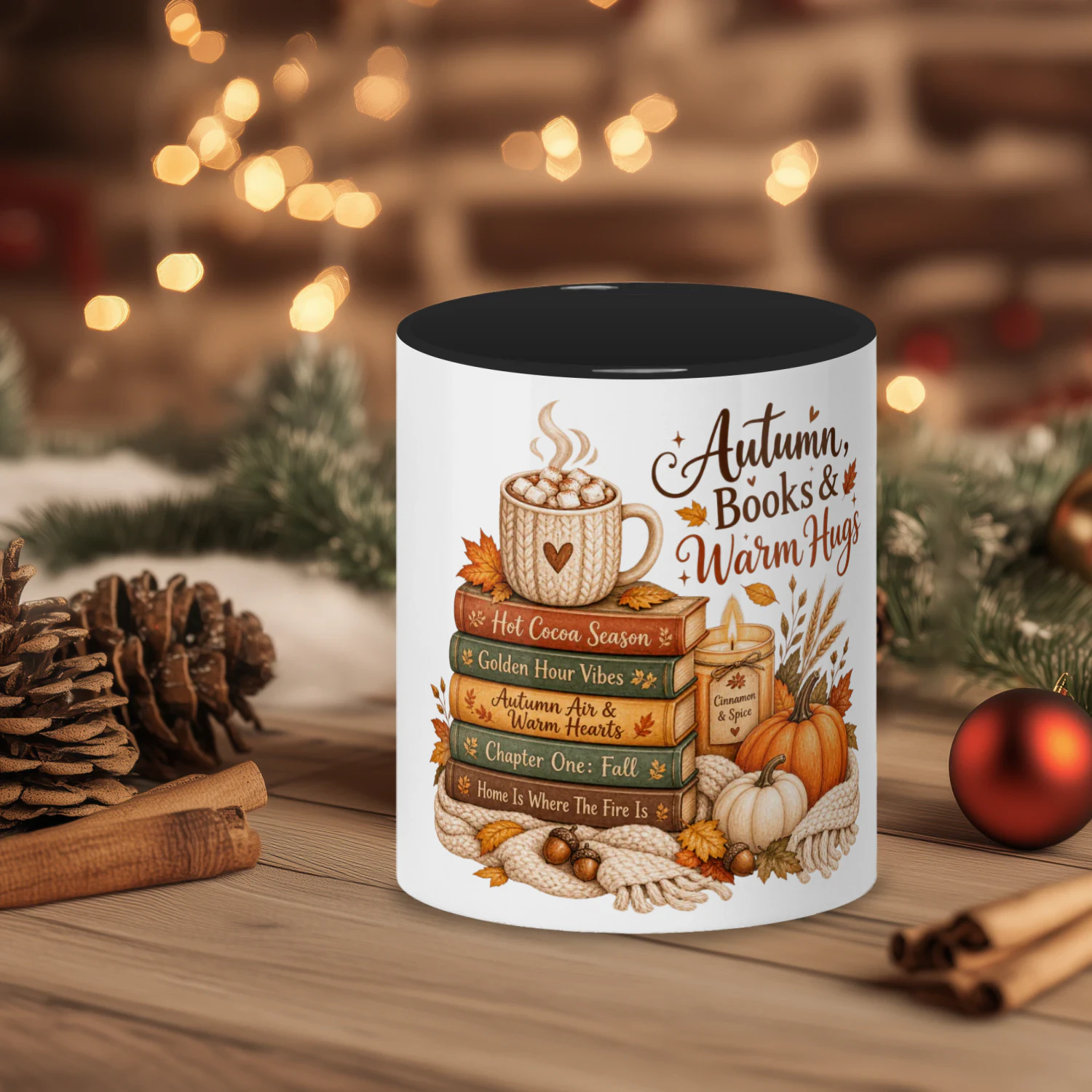 Autumn Books & Warm Hugs Mug, Cozy Fall Book Lover Coffee Cup, Hot Cocoa Pumpkin Ceramic Gift Mug