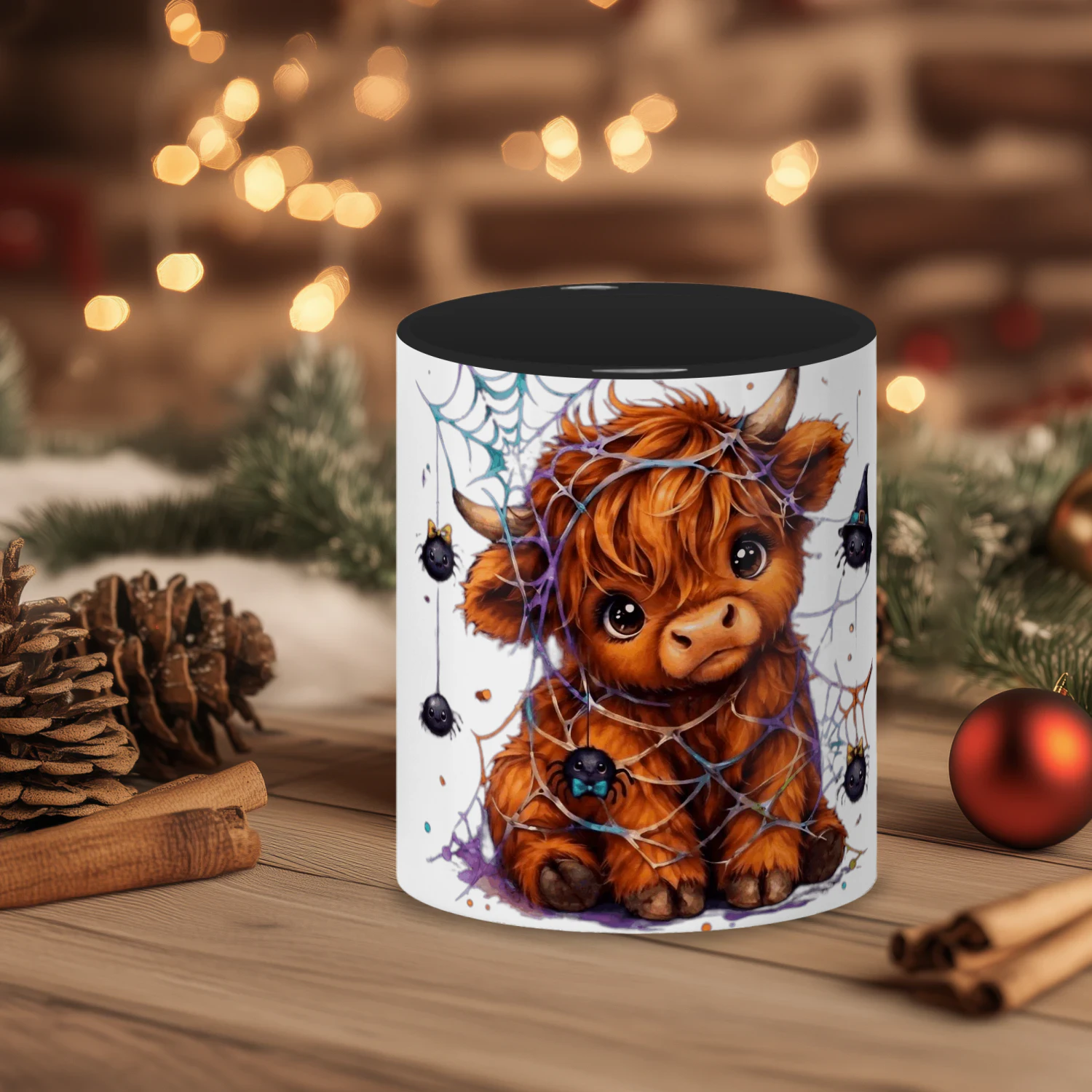 Highland Cow Halloween Mug, Cute Spider Web Cup